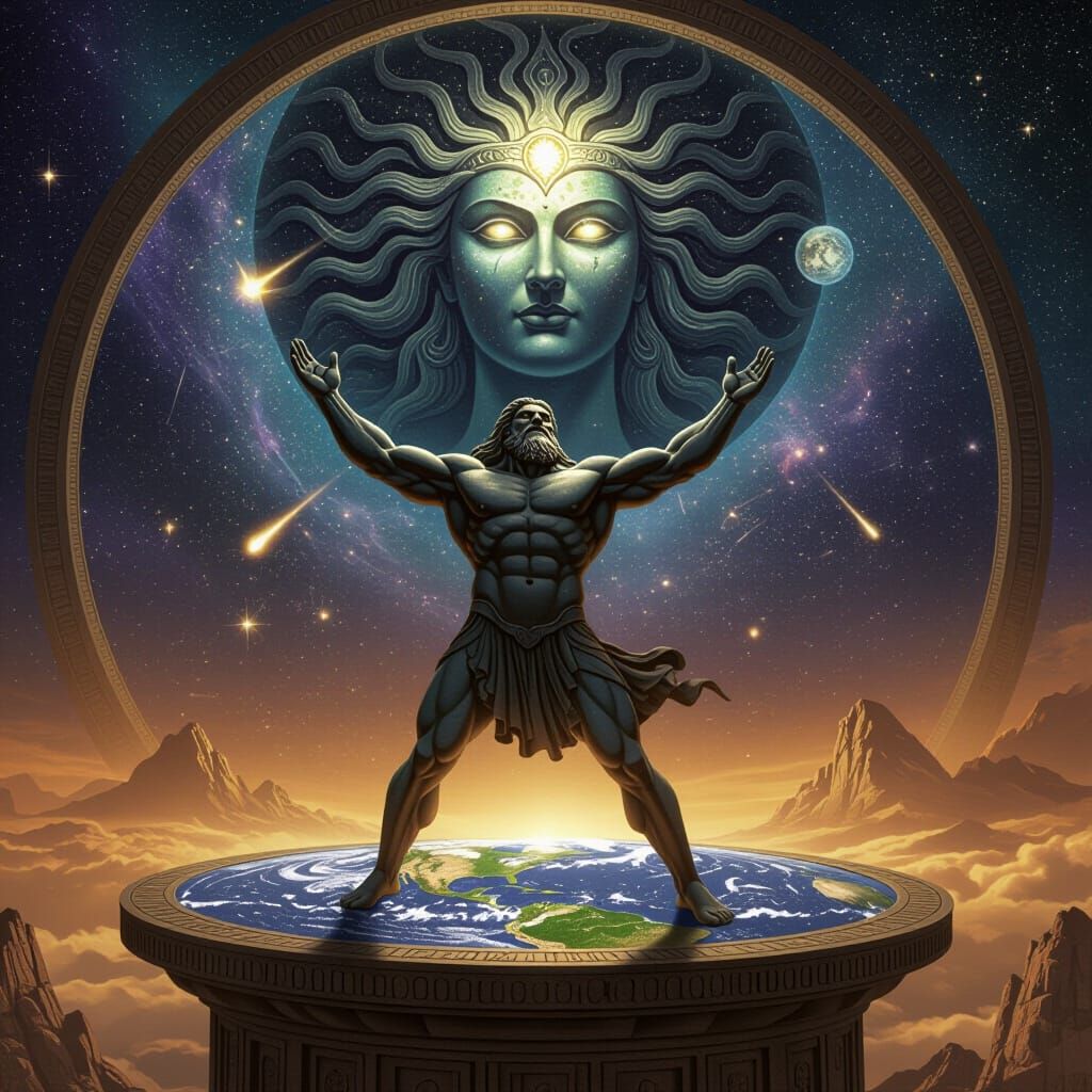 Gothic Flat Earth Held by Atlas, Tiamat's Cosmic Gaze