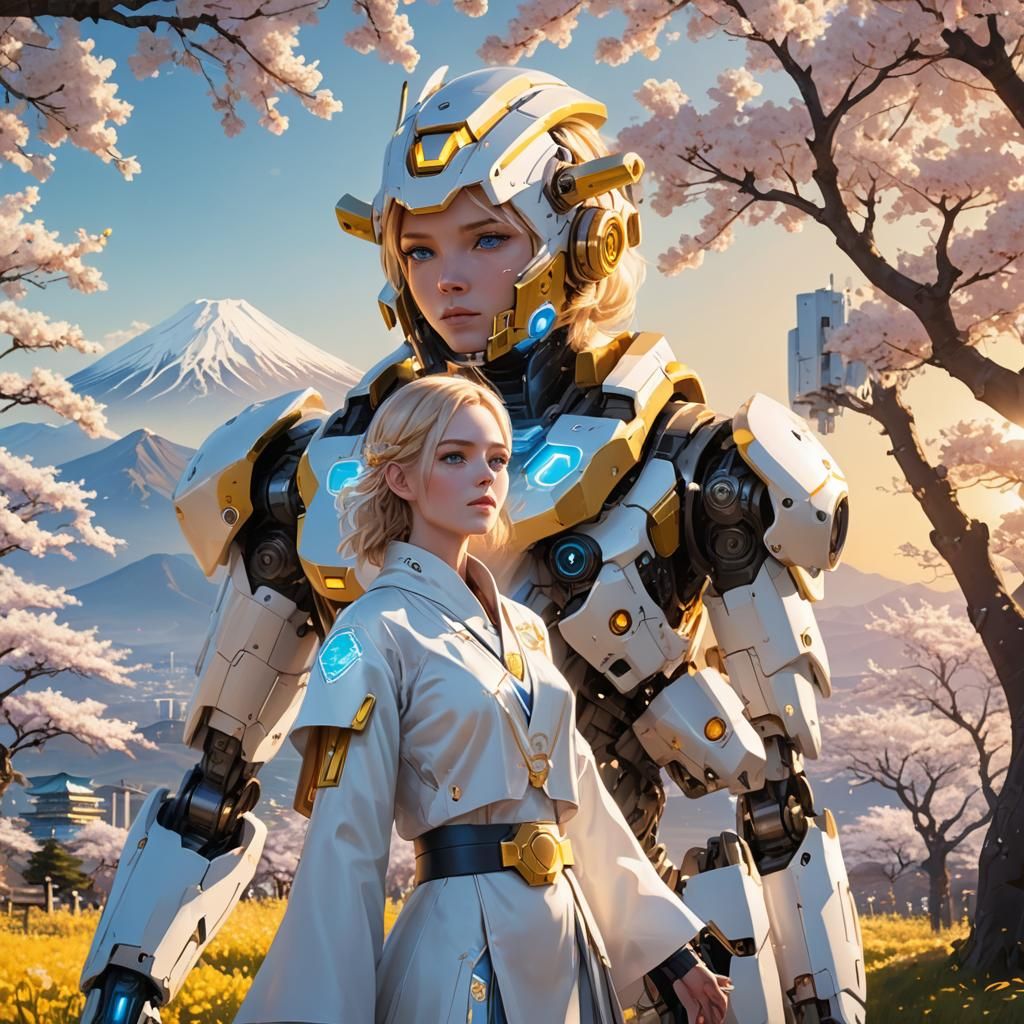Girl and Robot Overlook Fuji in Cherry Blossom Field