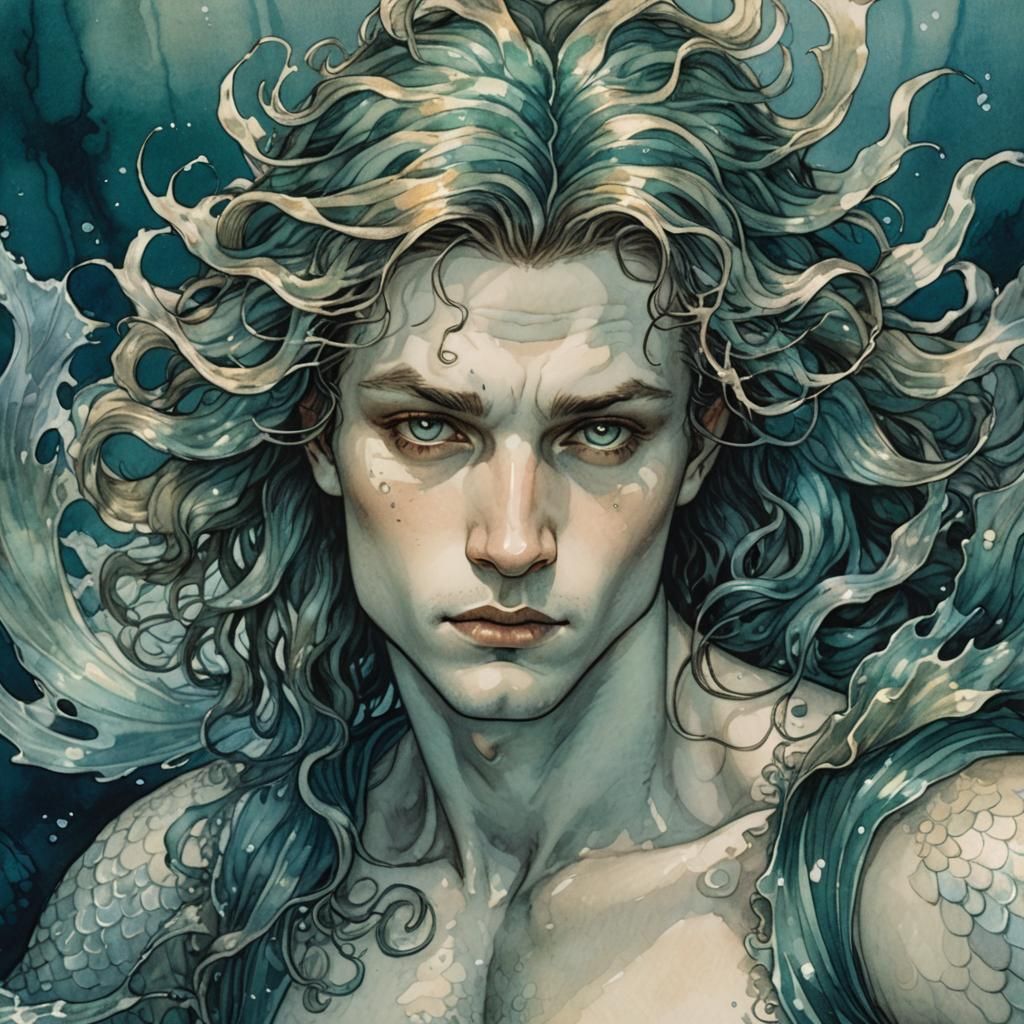Melancholic Merman Portrait in Watercolor Style