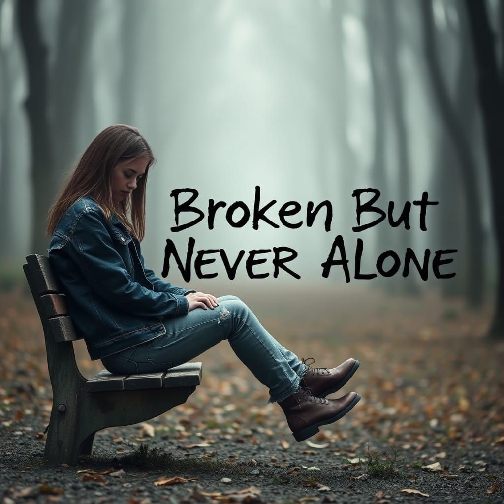 Melancholic Woman in Misty Forest with Graffiti Text