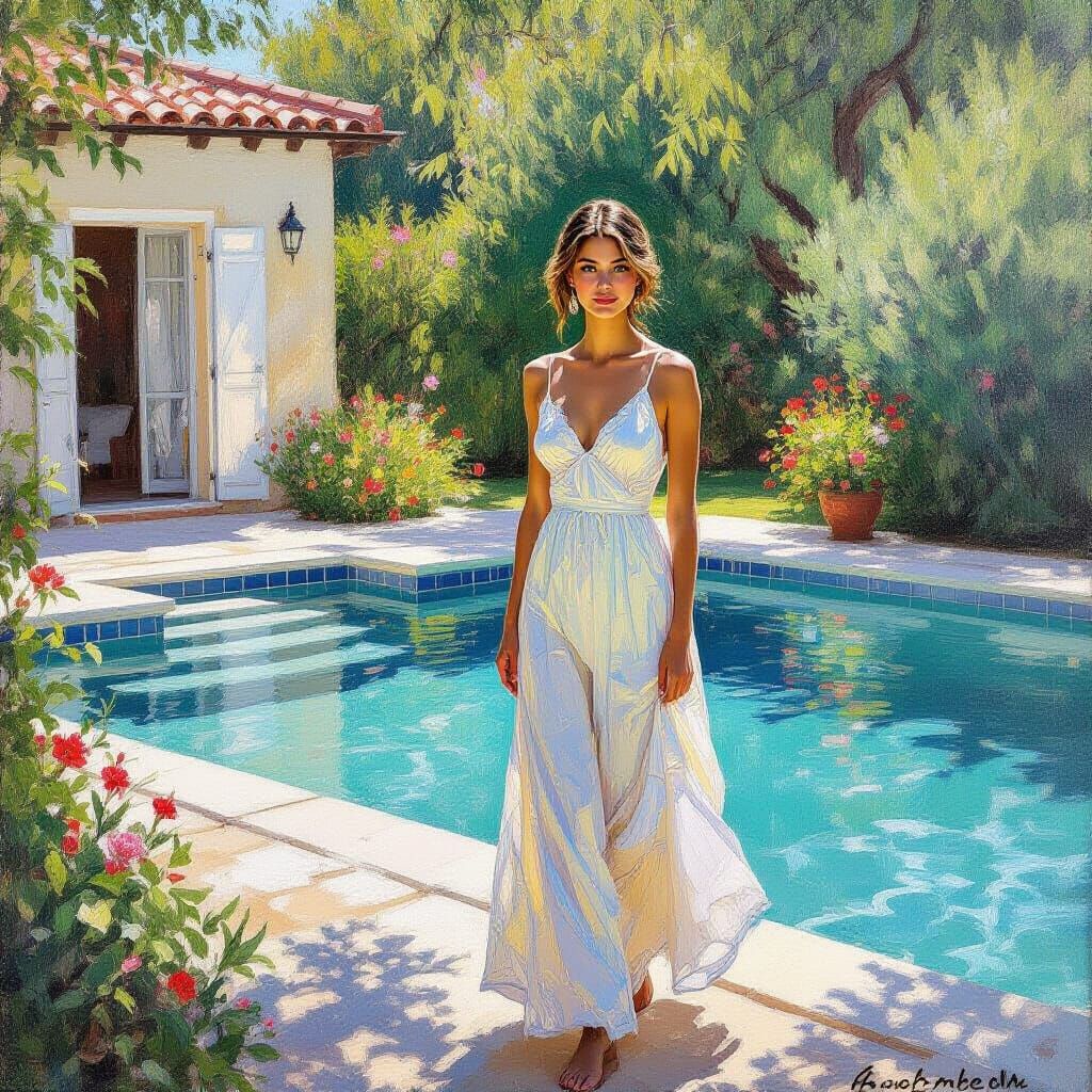 Impressionistic Woman in Summer Dress by Pool
