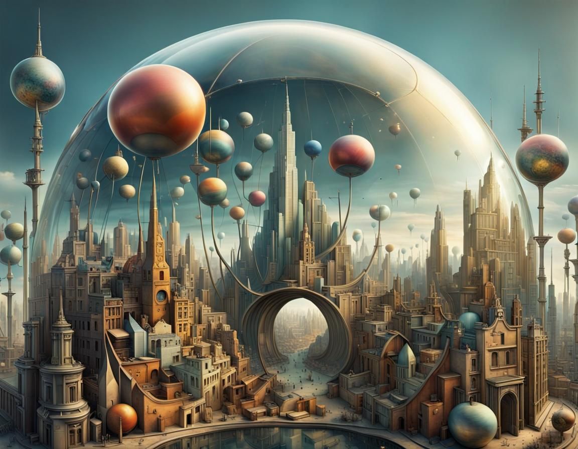 Surreal City Under Glass Dome: Art Deco Sci-Fi