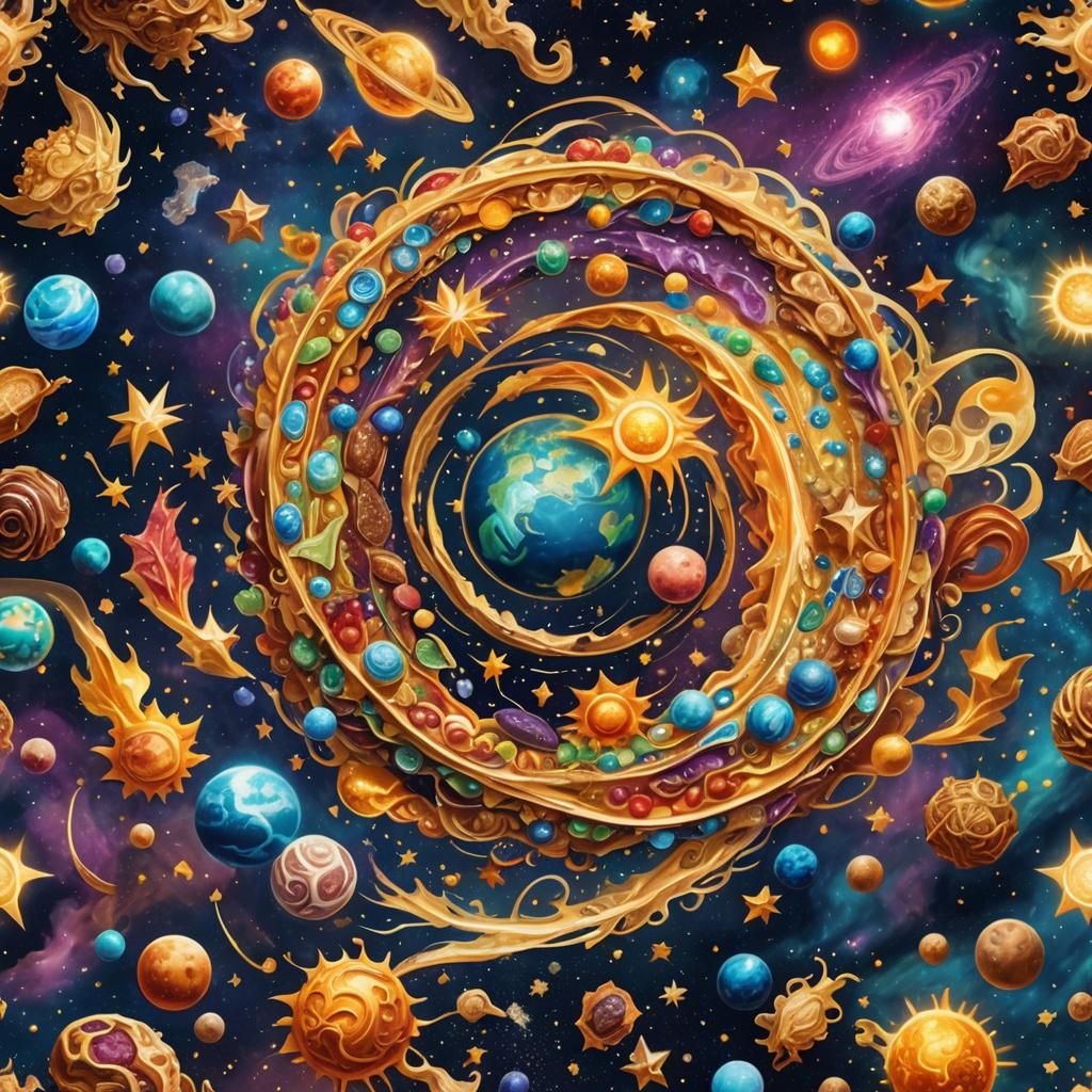 Cosmic Food Earth: Astral Illustration in Mixed Media