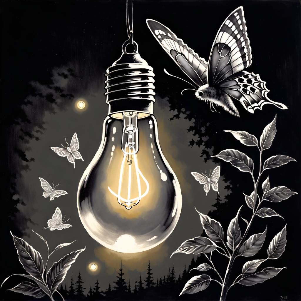 Ethereal Zentangle Moths Around Lightbulb in Charcoal