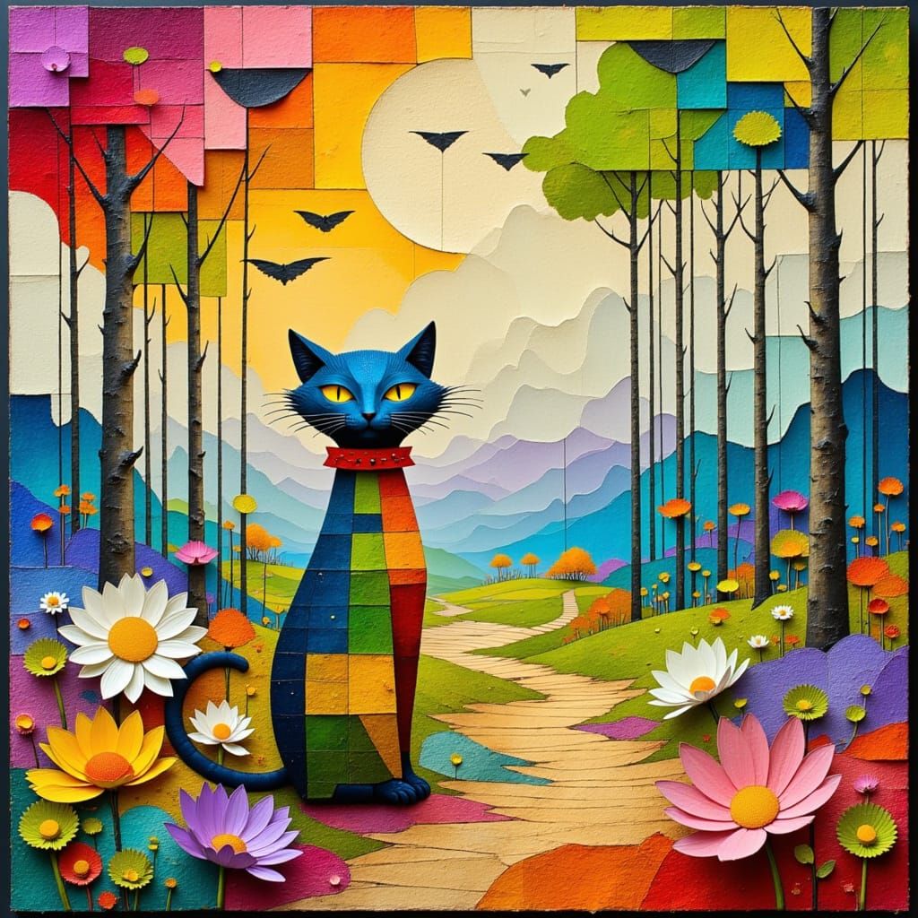 Patchwork Cat in Surrealist Landscape as Digital Art
