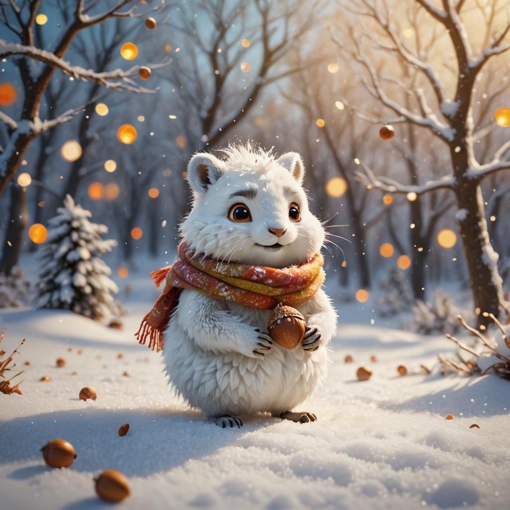 Whimsical Furry Creature Rides Acorn in Snow