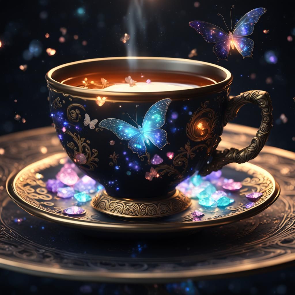 Cosmic Teacup with Crystal Butterfly: Fantasy Art
