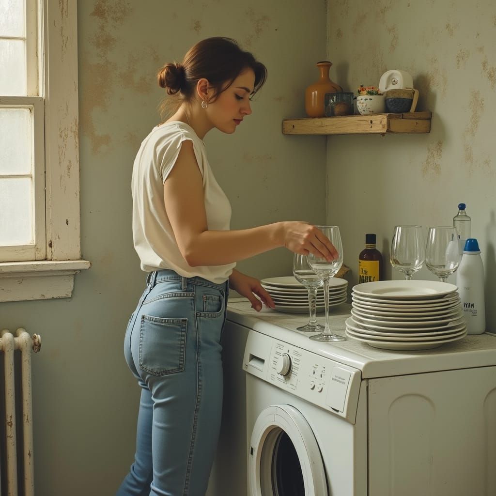 Woman Washes Dishes in Laundry Room, Impressionistic Style