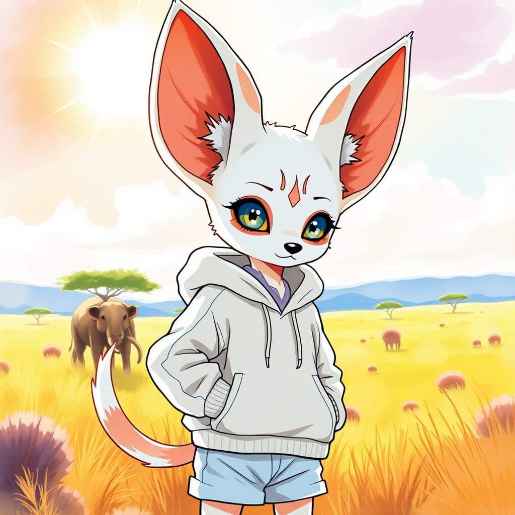 Fennec Boy in Pastel Hoodie, Anime Style