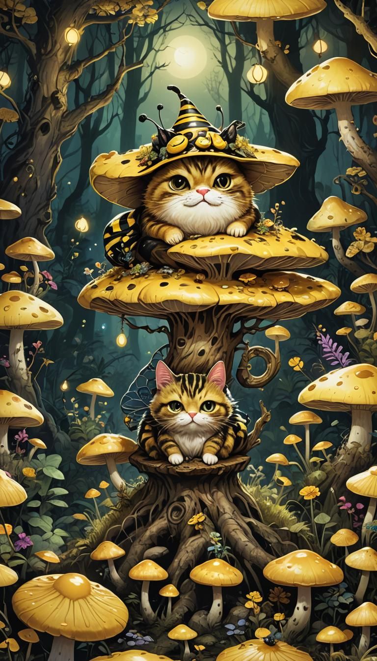 Bee-Cat Balancing on Toadstool in Mystical Forest