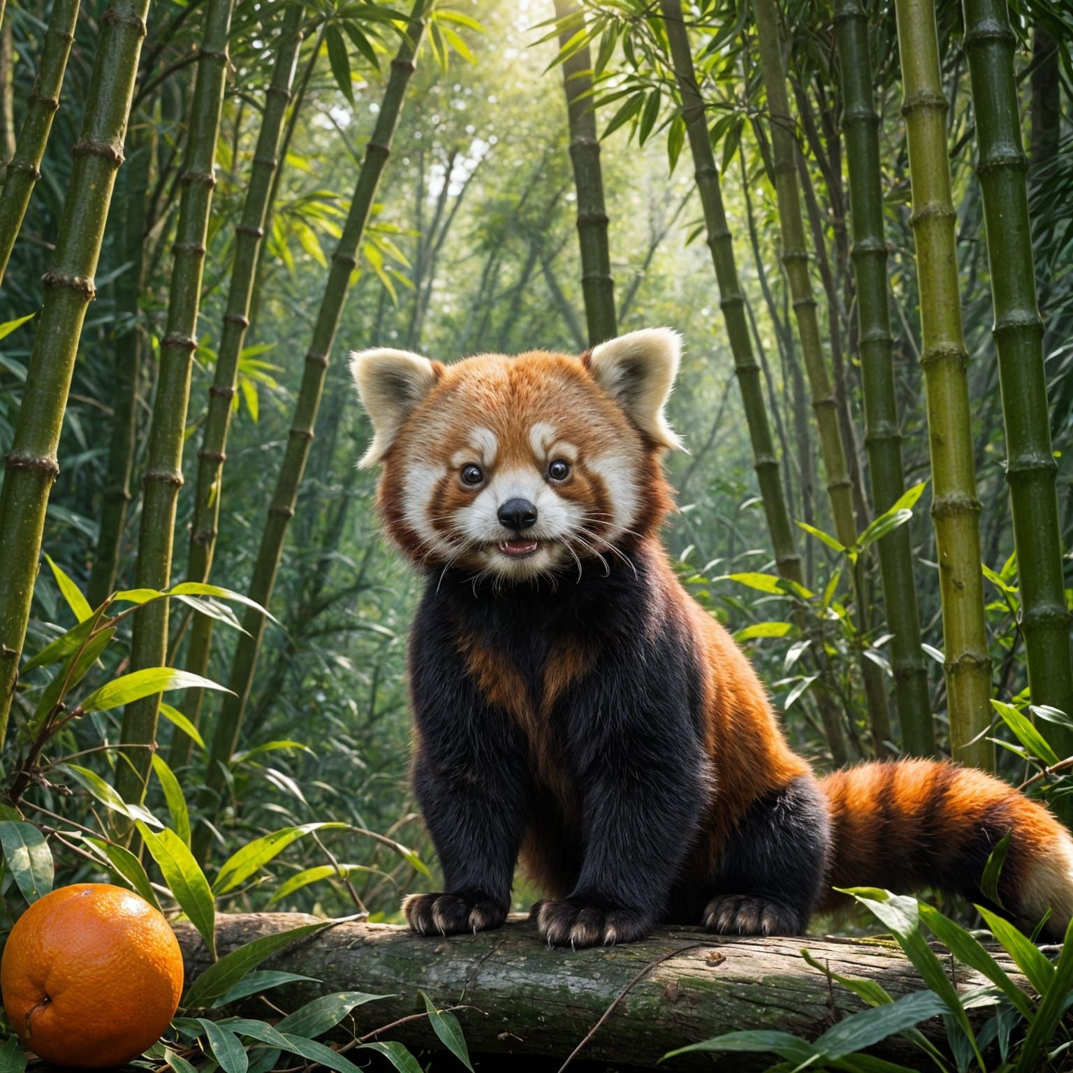 Curious Red Panda Eats Orange in Natural Habitat