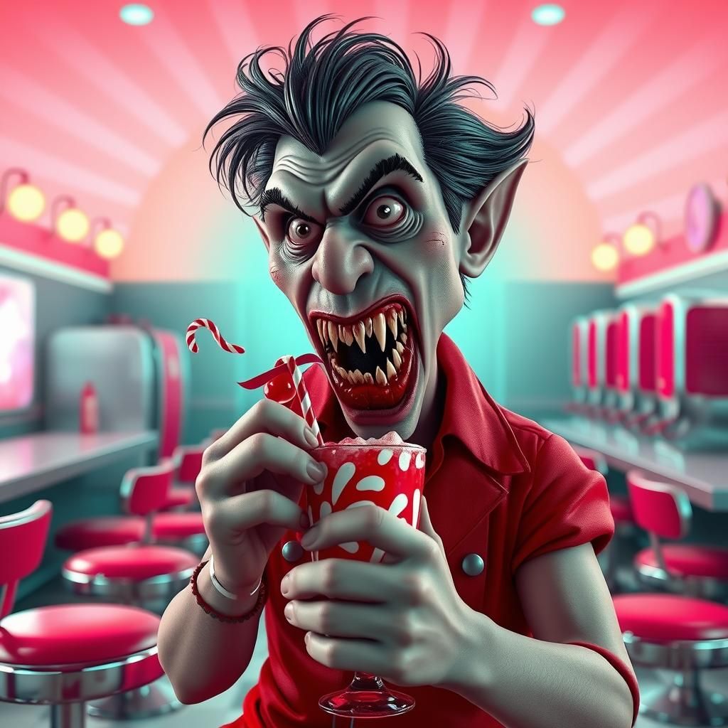 Bloodthirsty Vampire Sips Blood Float in Retro Malt Shop