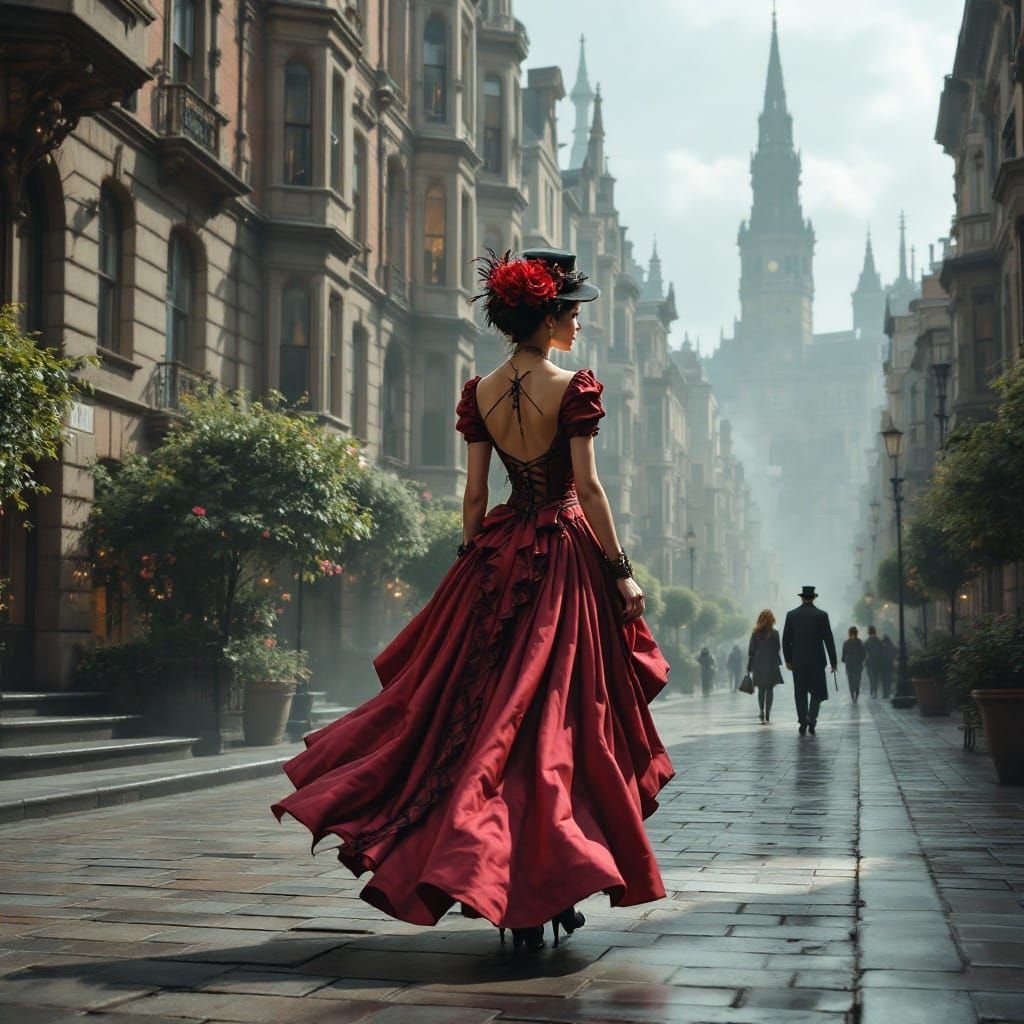 Steampunk Lady Strolls Along Victorian City Boulevard