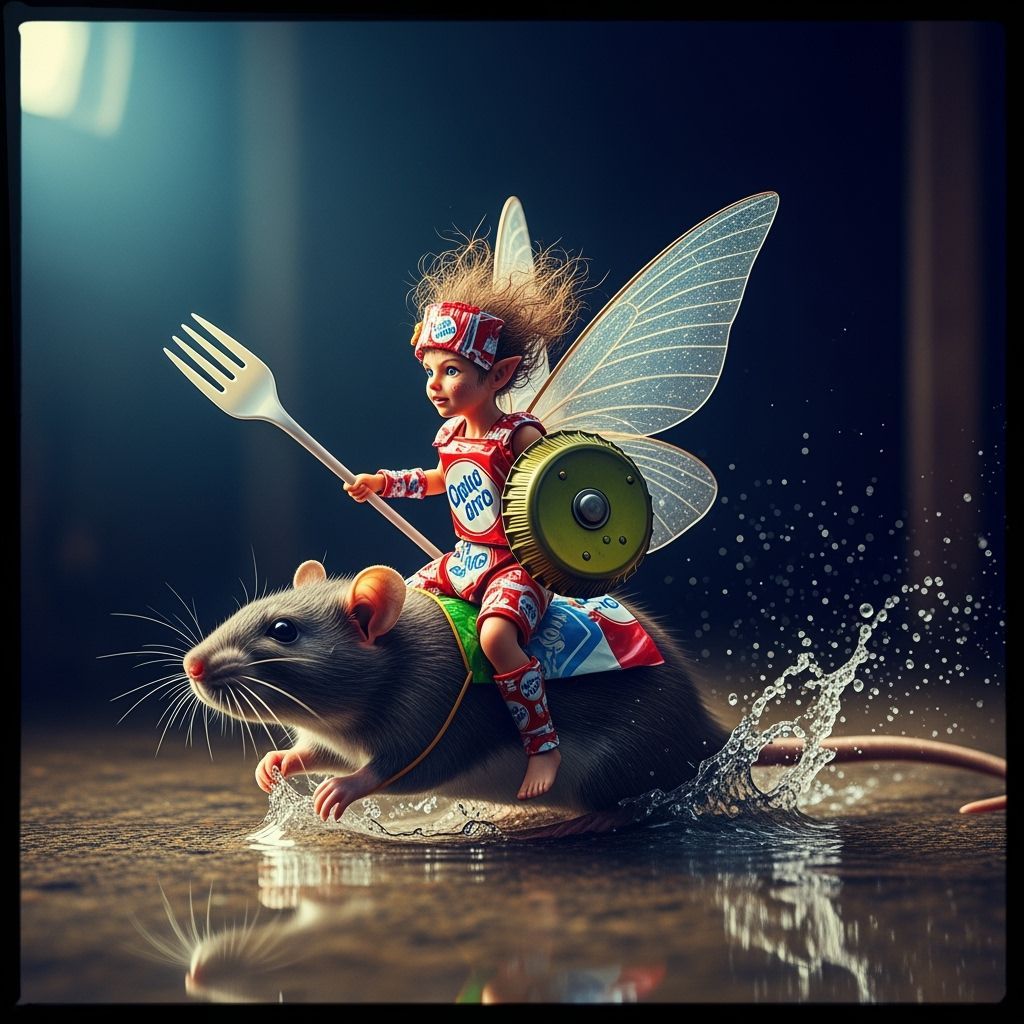 Fairy Rides Rat Through Sewer: Cinematic Film Still