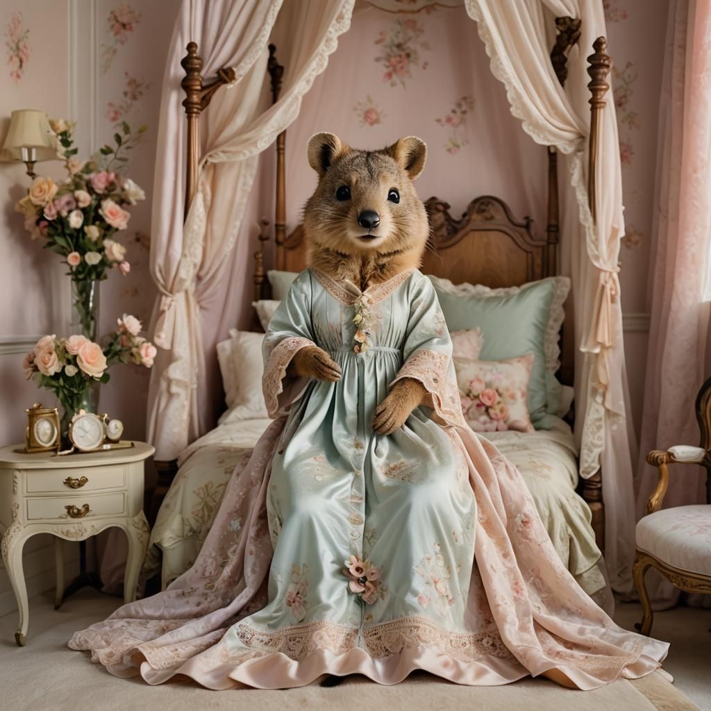 Quokka in Silk Nightgown on Vintage Bed