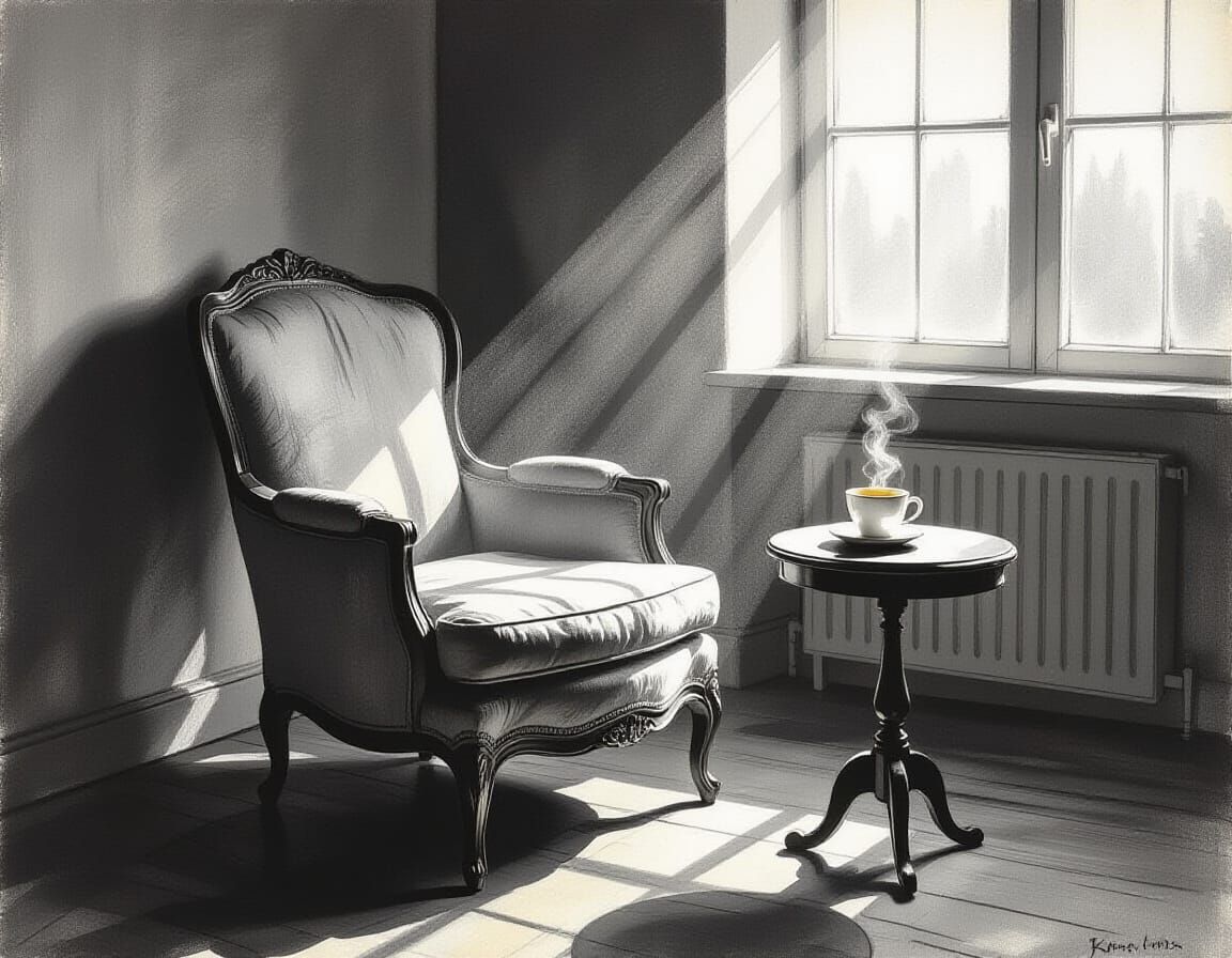 Vintage Armchair in Sunlit Room, Charcoal Drawing Style