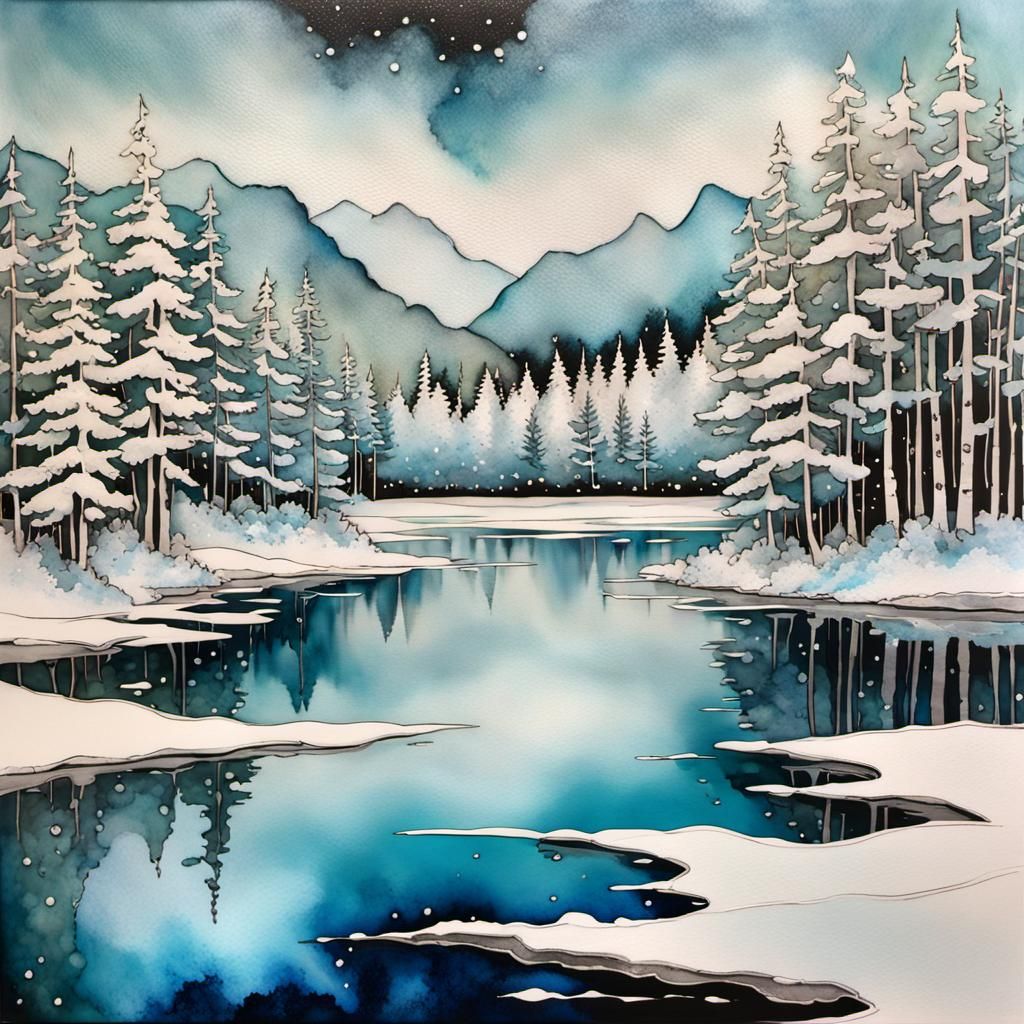Snowy lake and forest