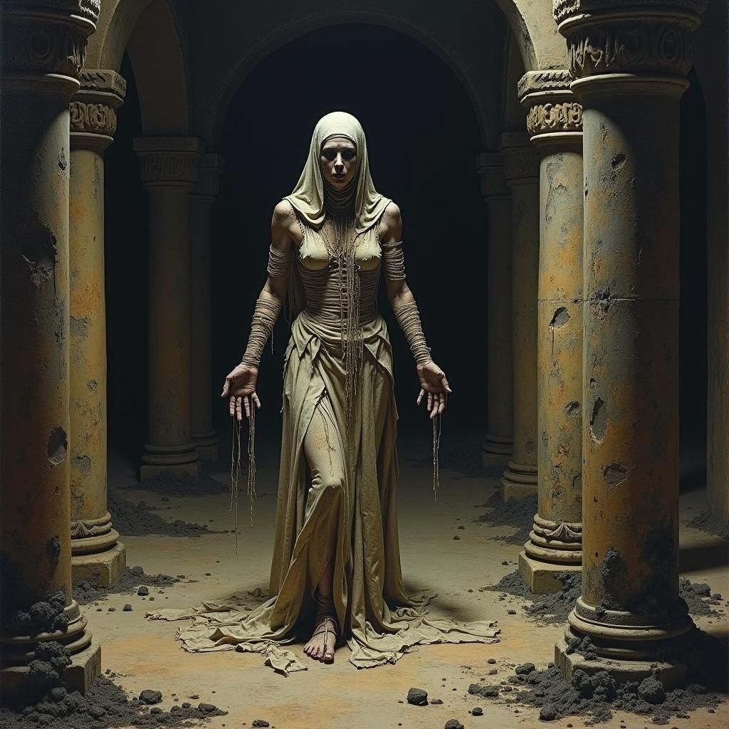 Mummy Woman in Ancient Crypt: Dark Atmospheric Art