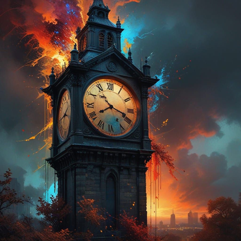 Surreal Autumn Clock Tower Amidst a Blood Red Sky