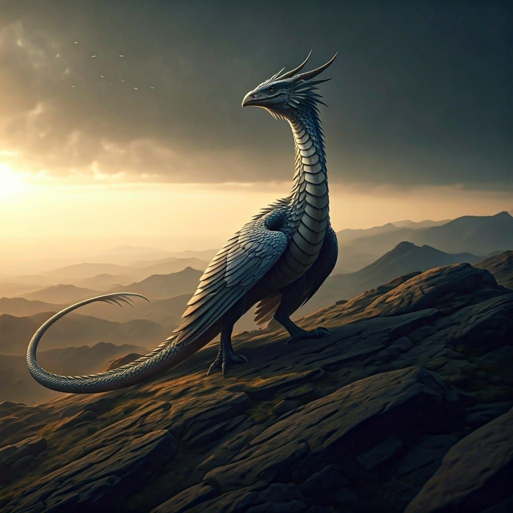 Sleek Bird-Like Dragon in Majestic Highland Perch