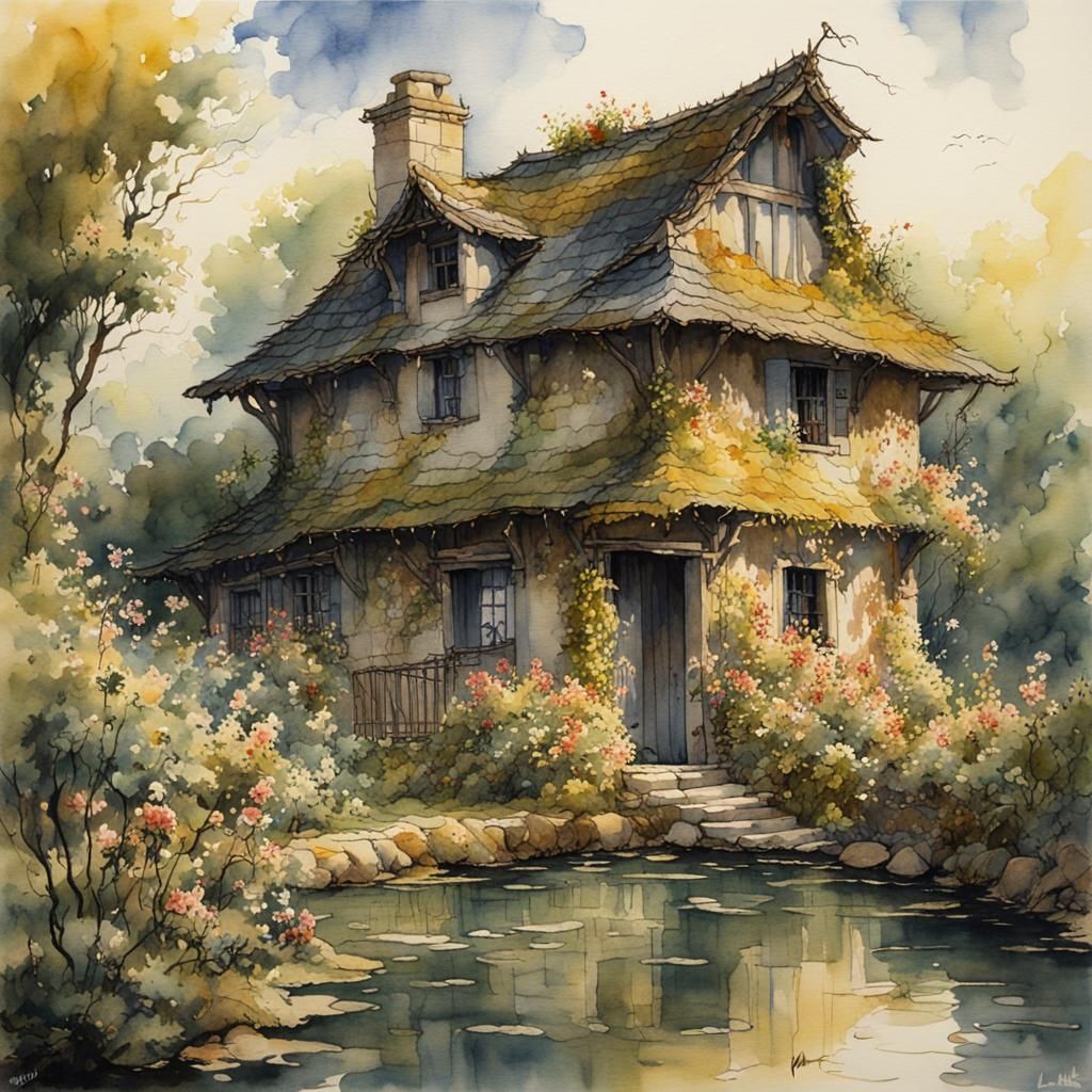Watercolor Cottage Overrun with Vines