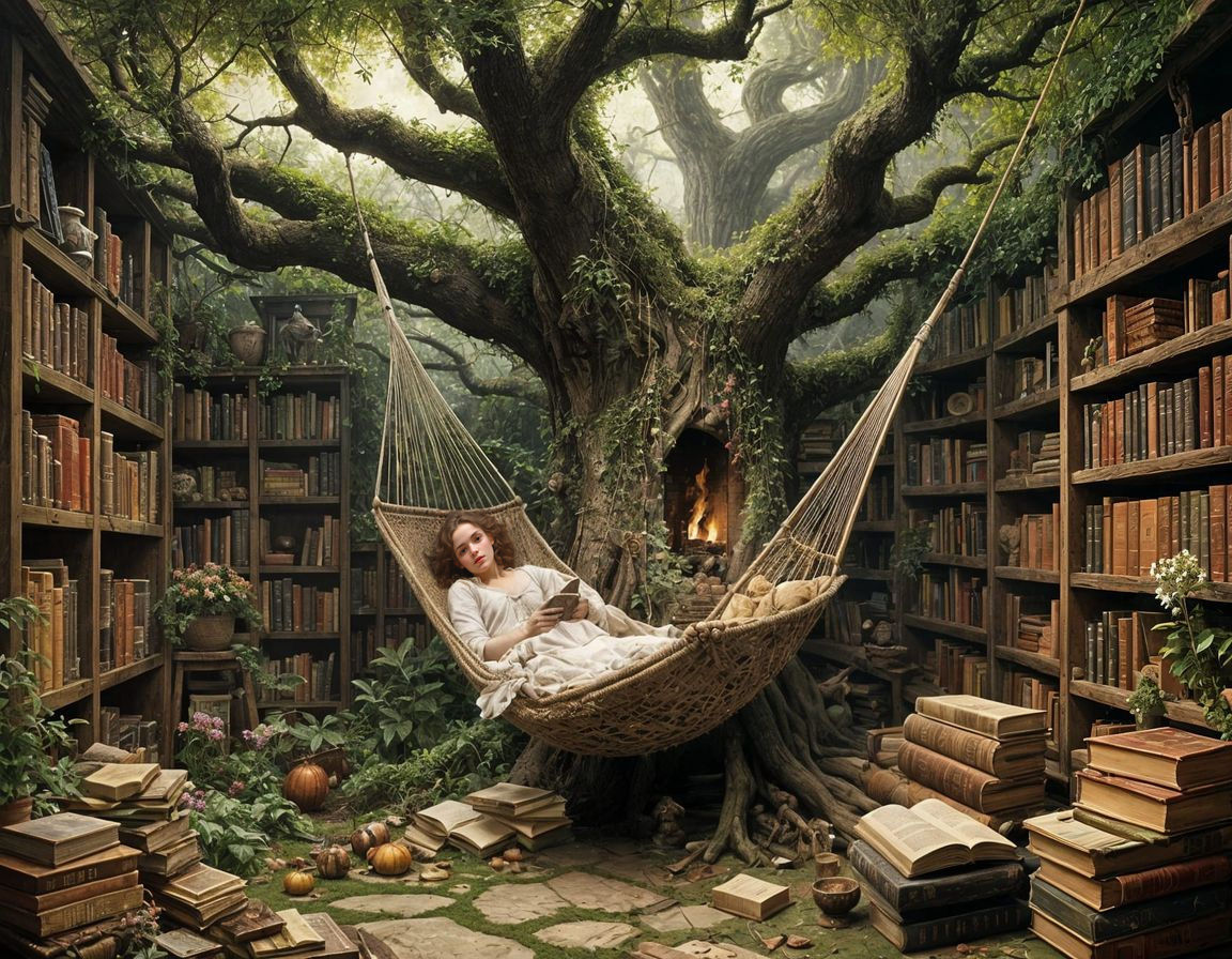 Cozy Treehouse Library in Oil Painting Style