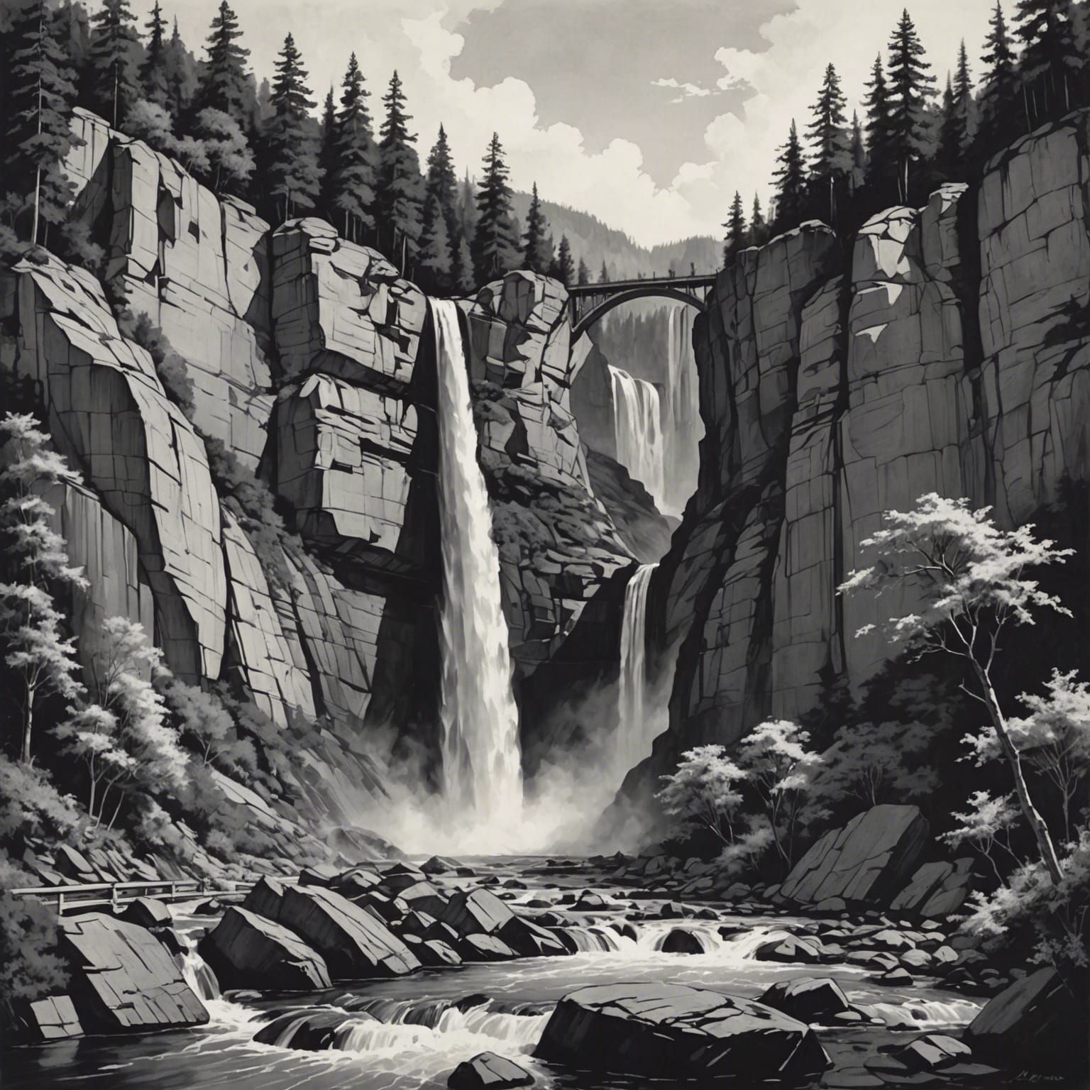 Monochromatic Waterfall Landscape Sketch in 8K