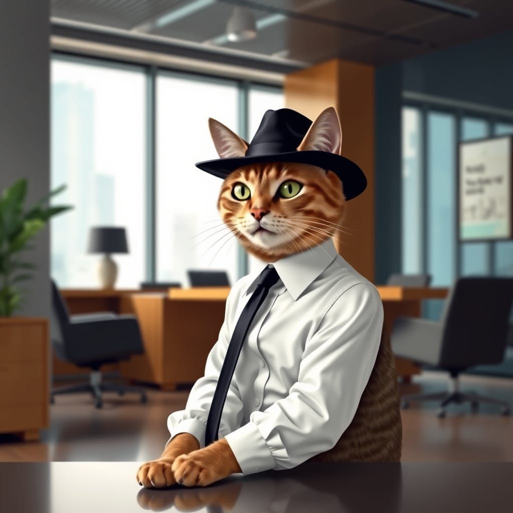 Confident Feline in Corporate Attire, Modern Office Setting