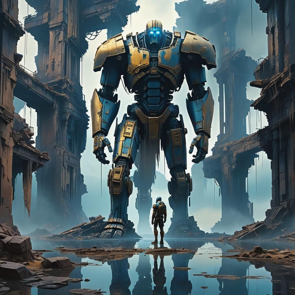 Colossal Mechanical Titan Reflecting in Mystical Pool