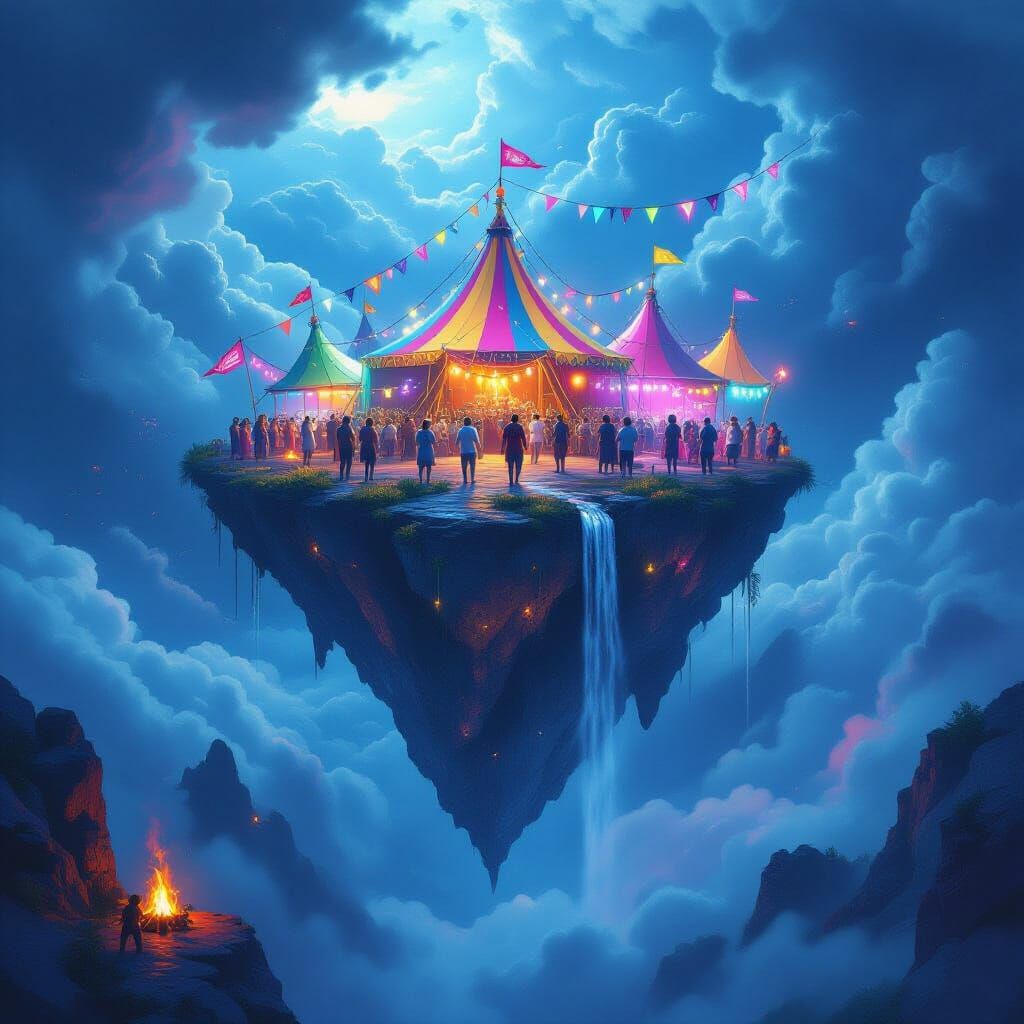 Floating Island Tent City Festival in Stormy Sky