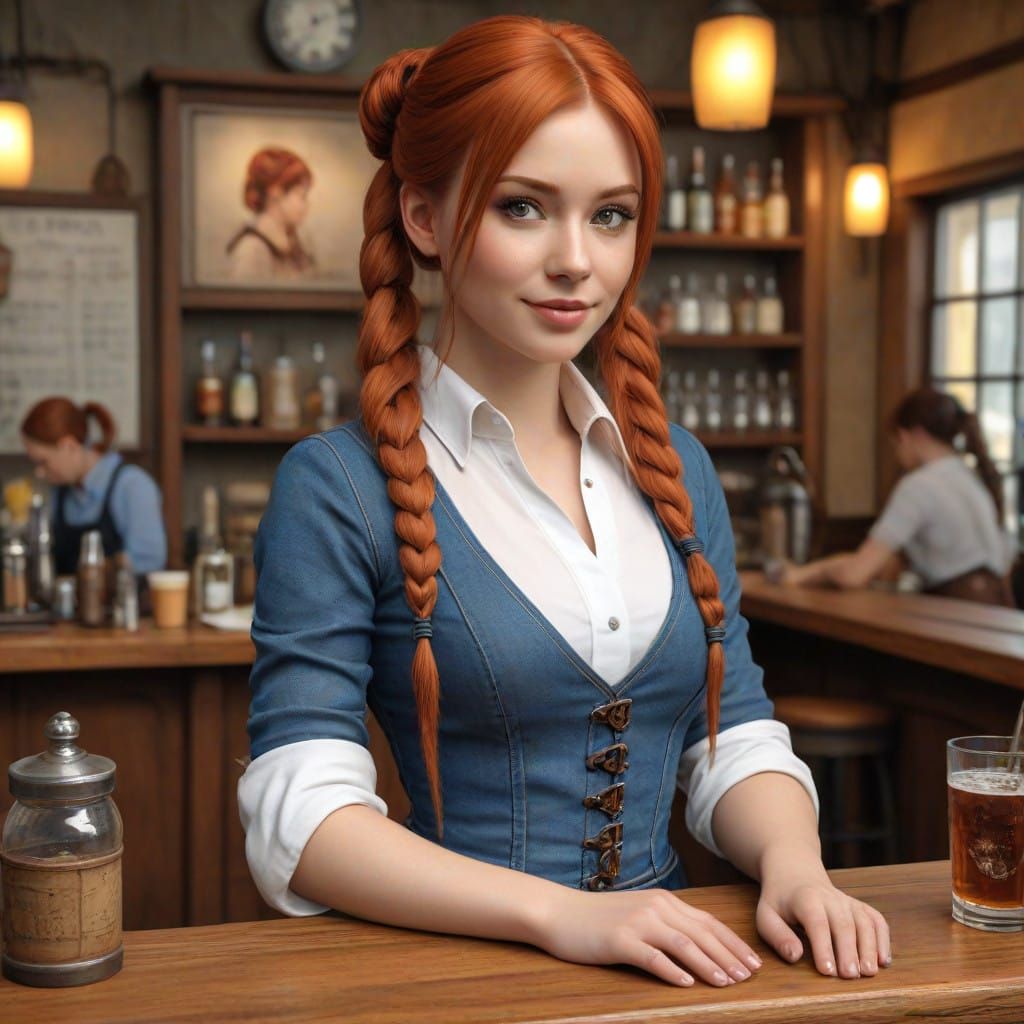 Steampunk Redhead Waitress Serves Table with Elegance