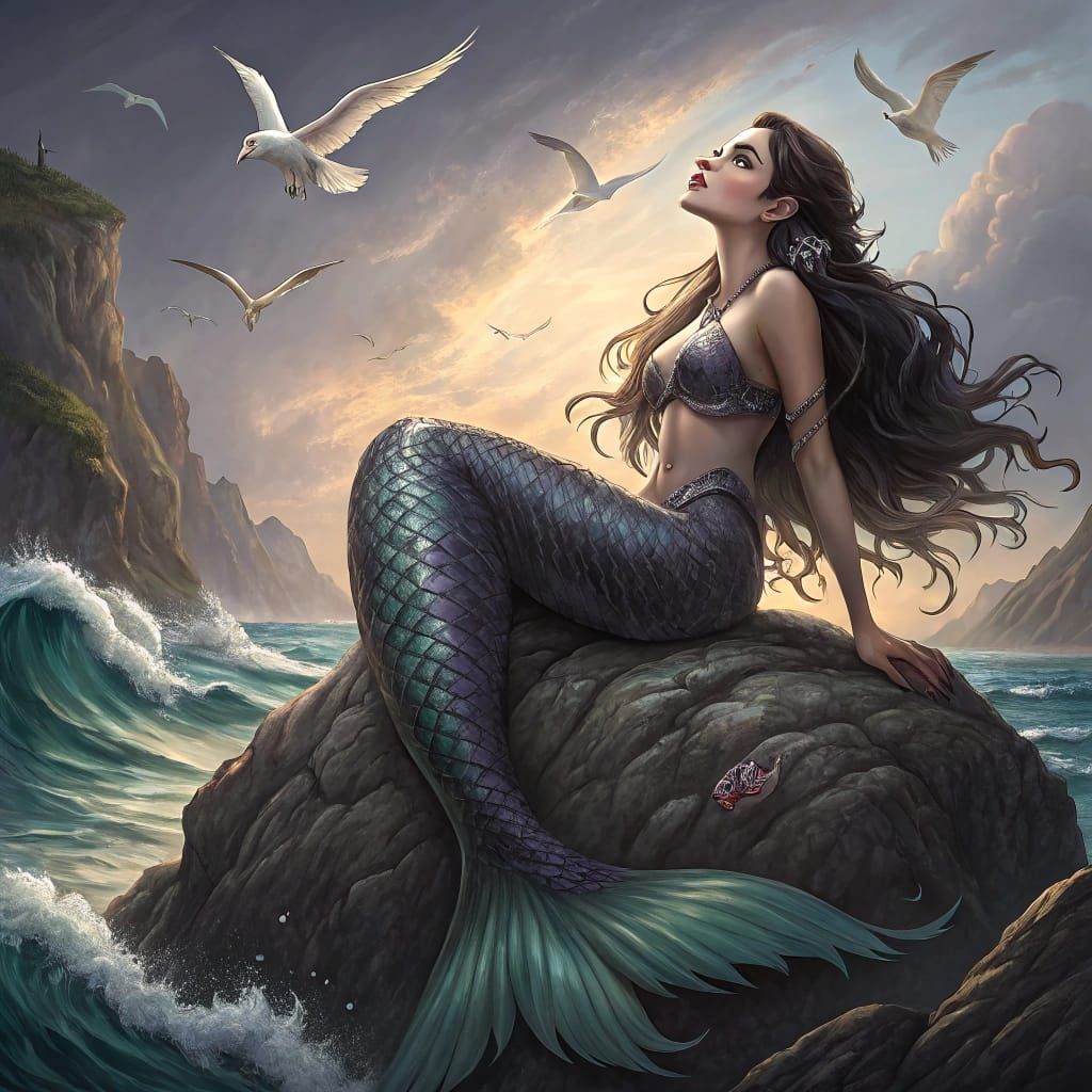 Mystical Mermaid in Wild Seas, Singing beneath Vivid Skies