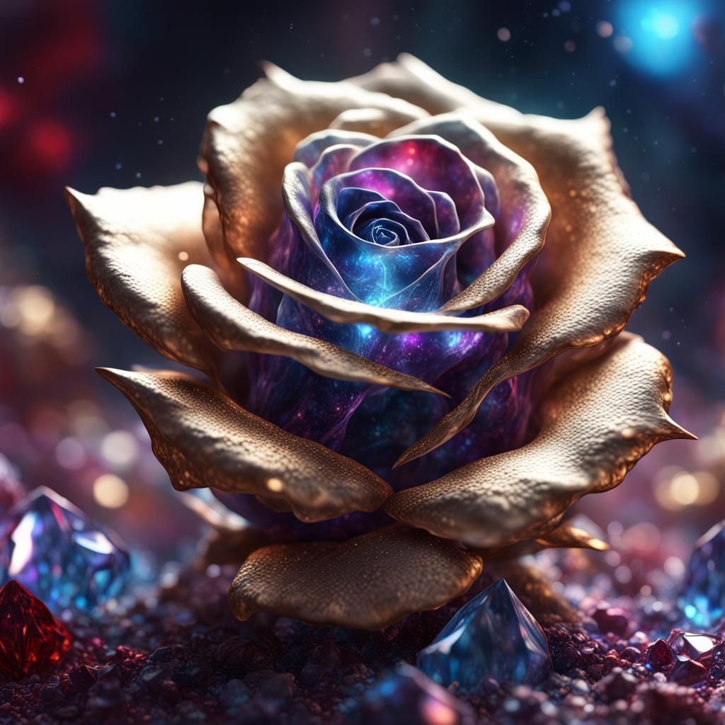 Dissolving Cosmic Crystal with White Rose Inside