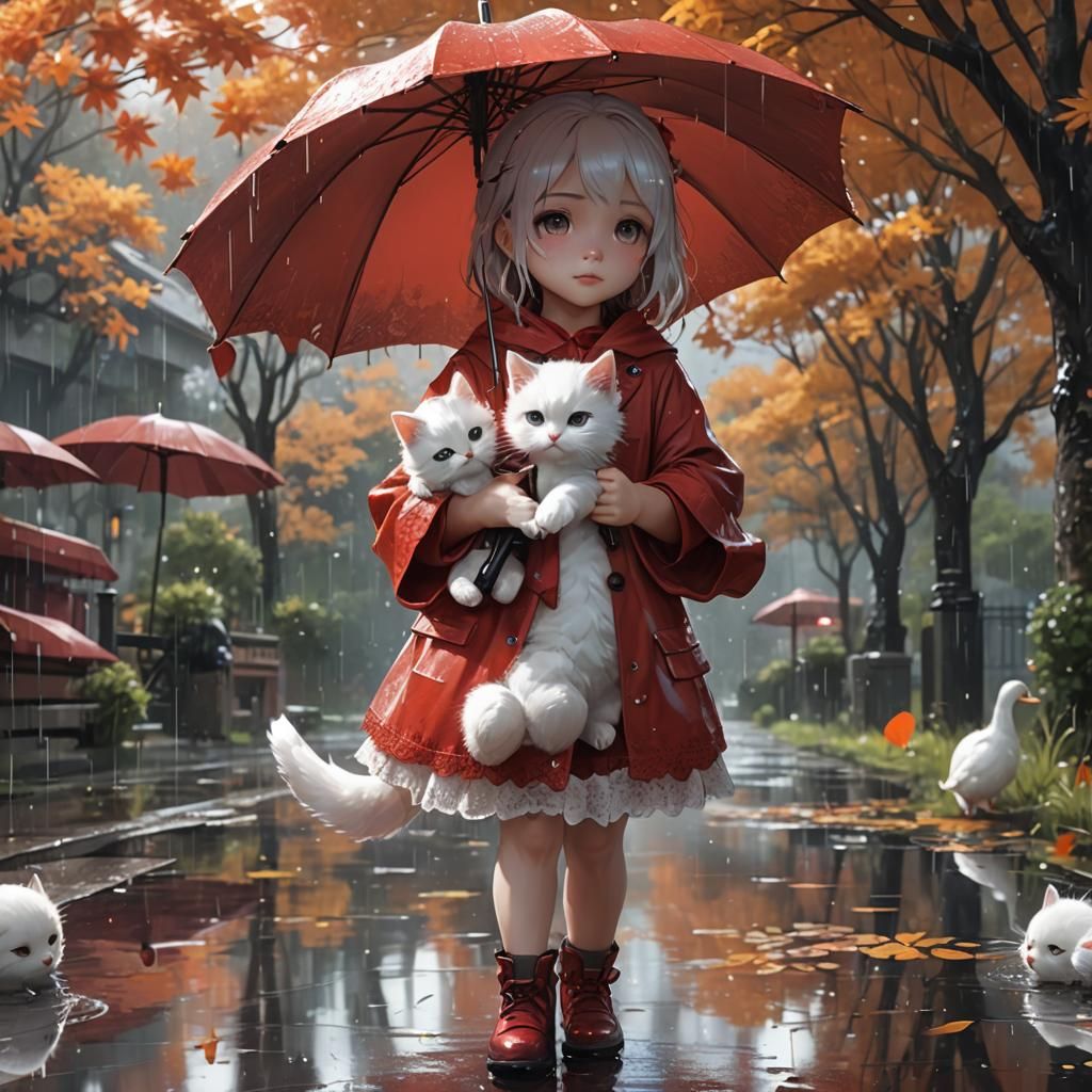 Cute Girl with Kitten and Duckling in Autumn Rain