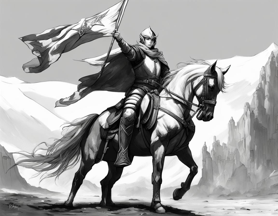 Elf Knight on Horseback: Black and White Pose
