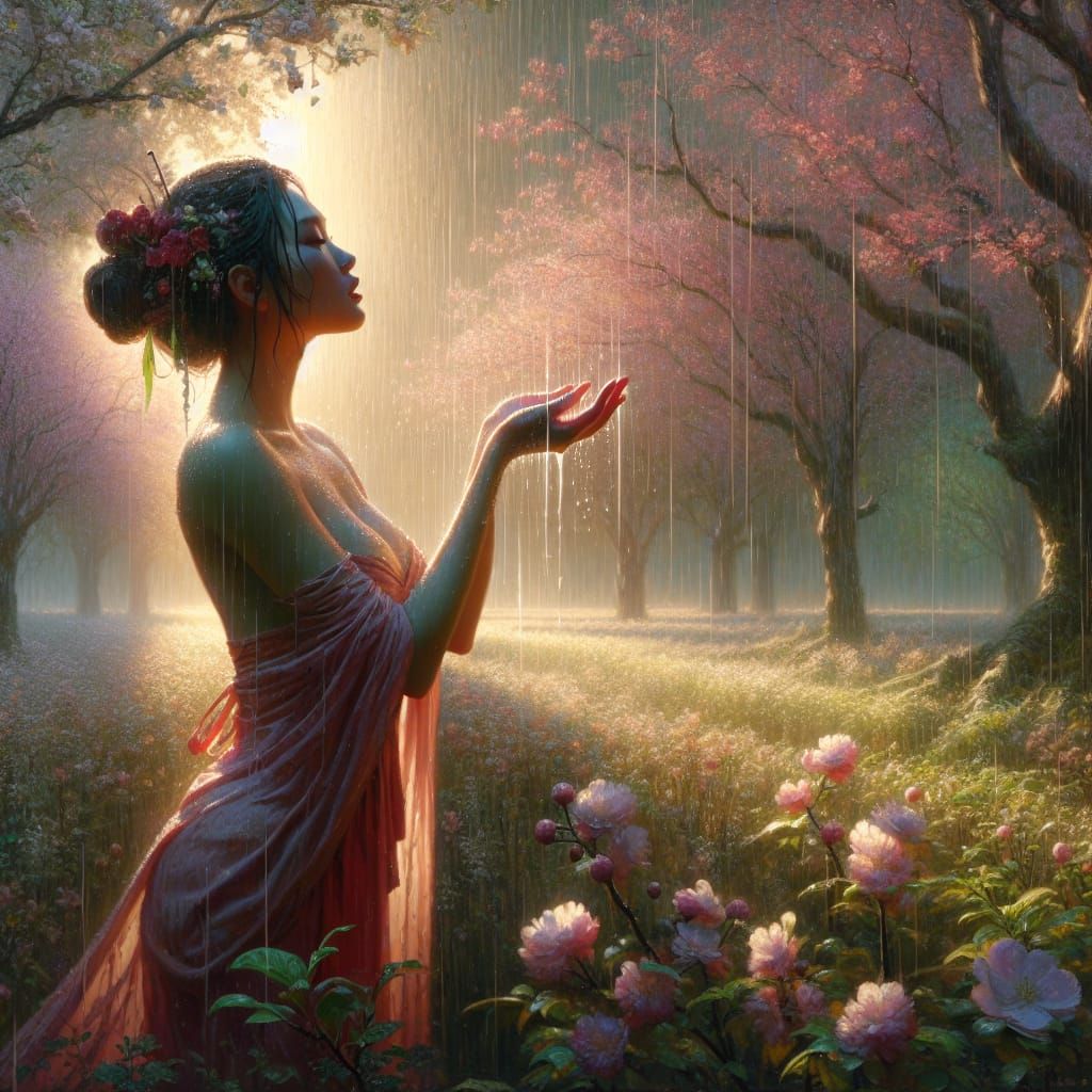 Maori Woman in Rainy Spring Forest, 3D Art