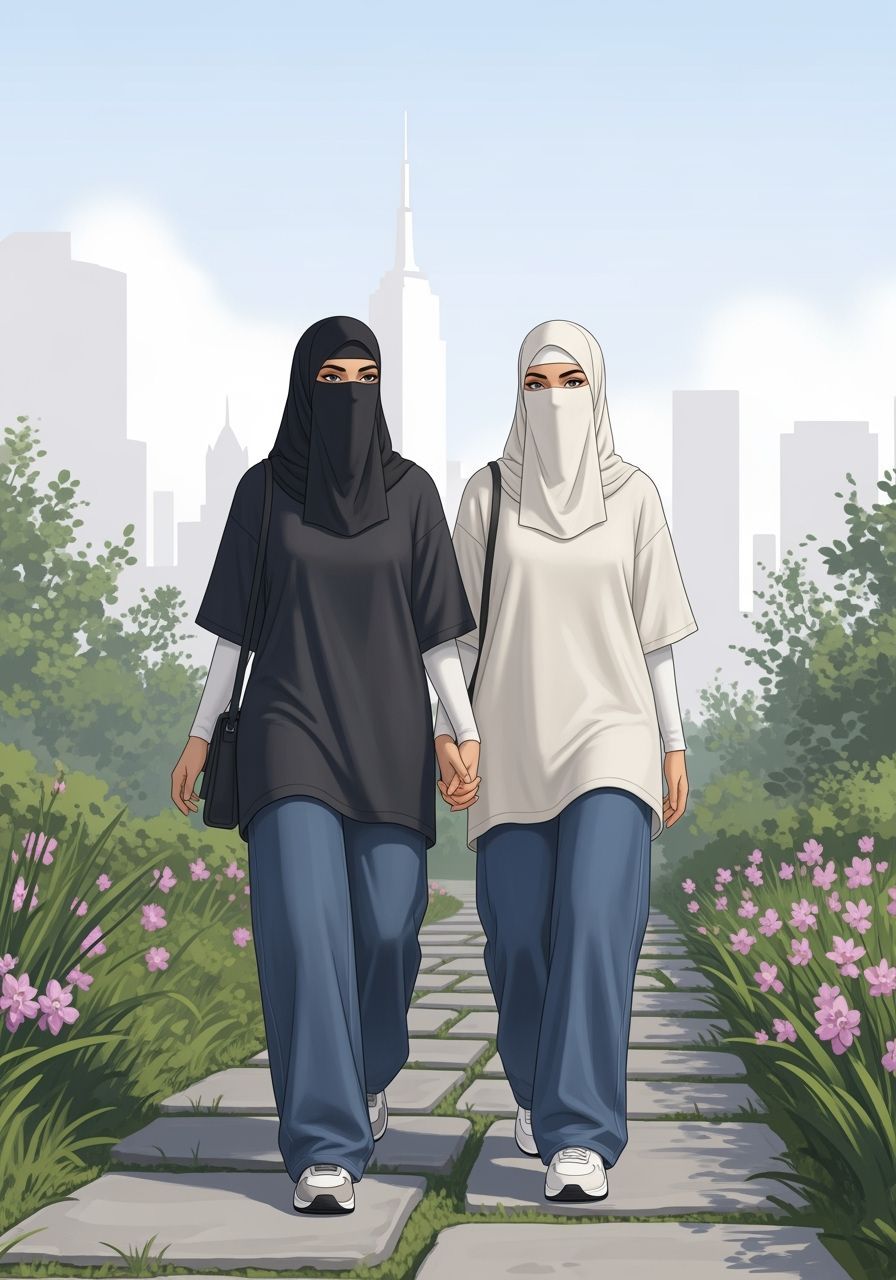 Niqabi Women Explore Botanic Garden in Digital Painting