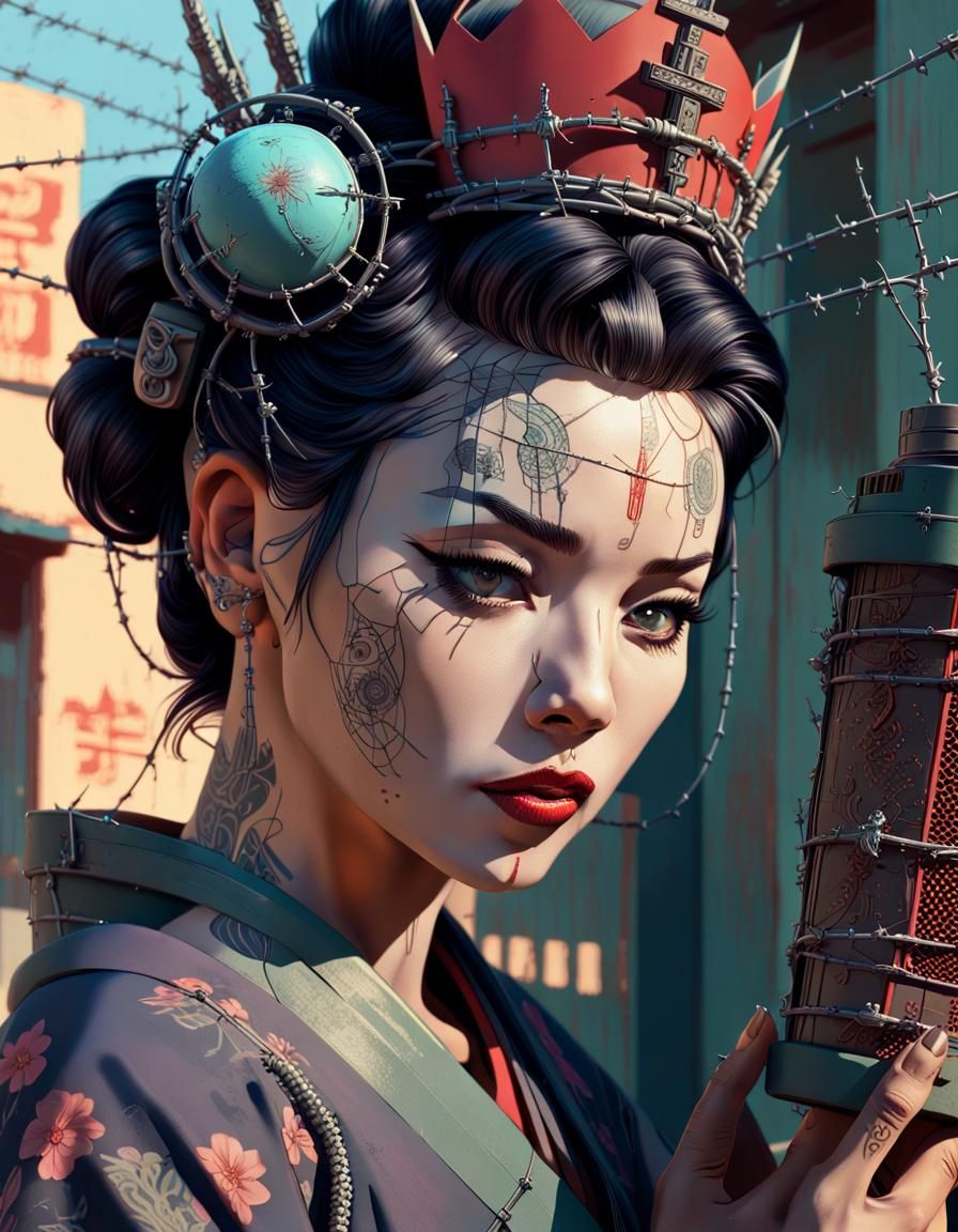 Latina Geisha Portrait with Tattoos, Digital Art