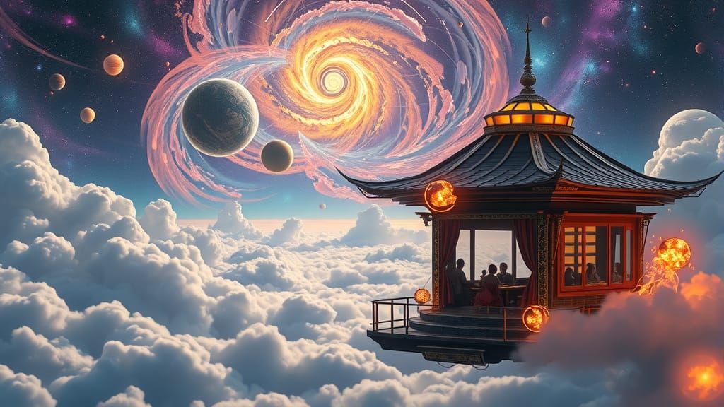 Futuristic Teahouse in the Clouds with Robotic Geishas