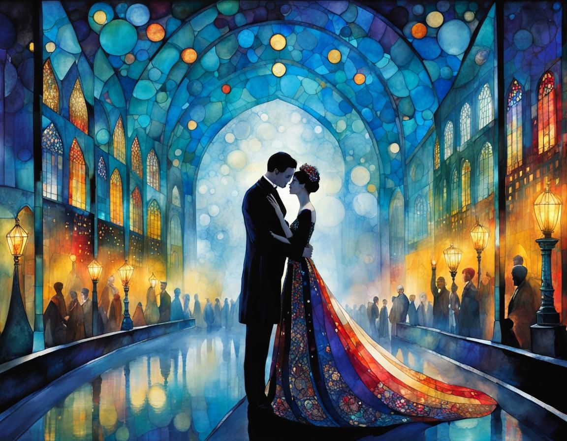 Magical Masquerade Ball in Cubist Art Brut Style