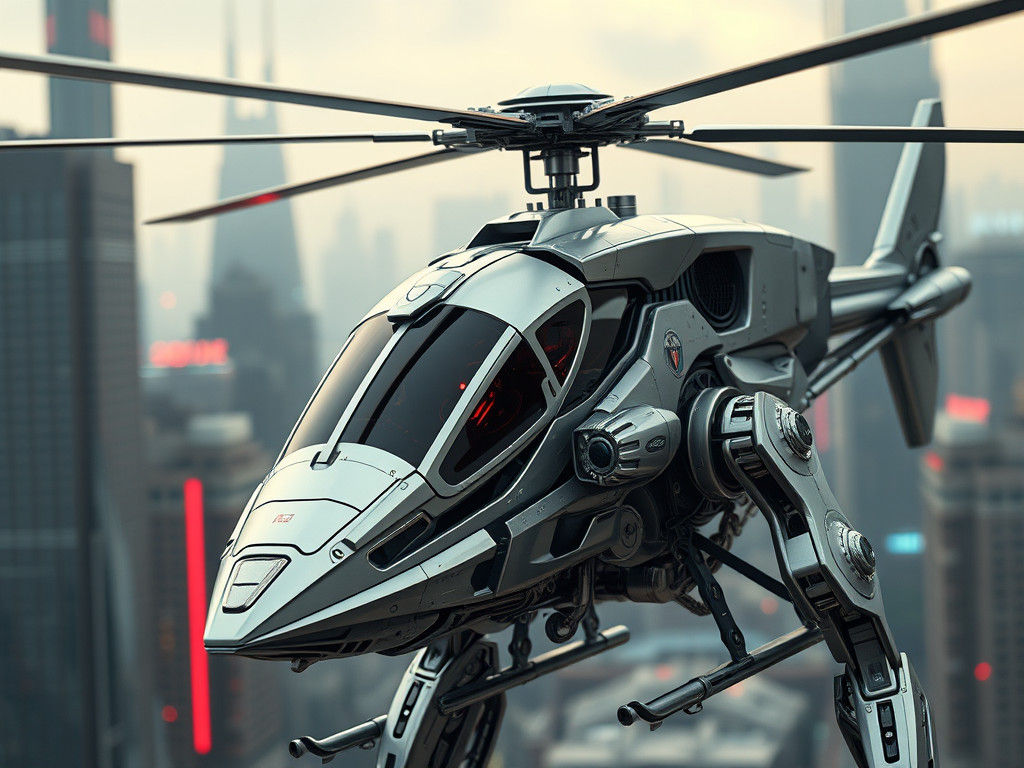 Futuristic Metallic Helicopter Robot in Dystopian Cityscape