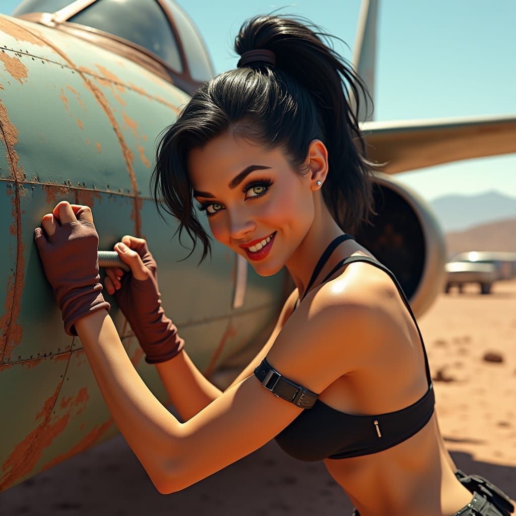 Pin-Up Mechanic Working on Jet Fighter, Digital Matte Painti...