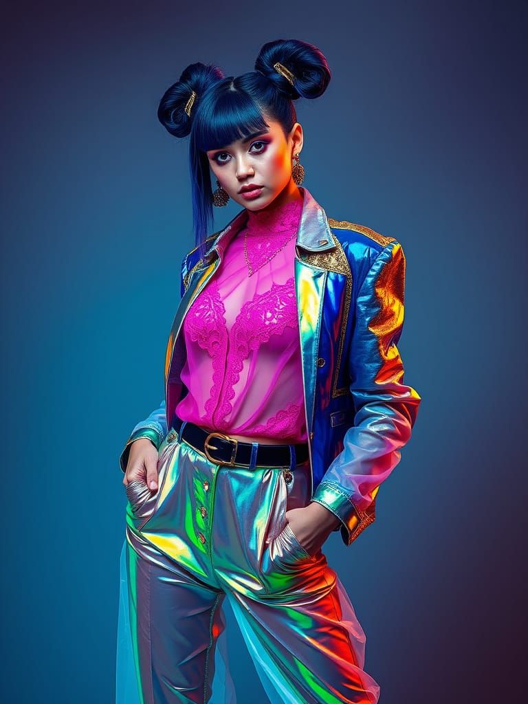 Vibrant Fashion Model in Cyberpunk Attire