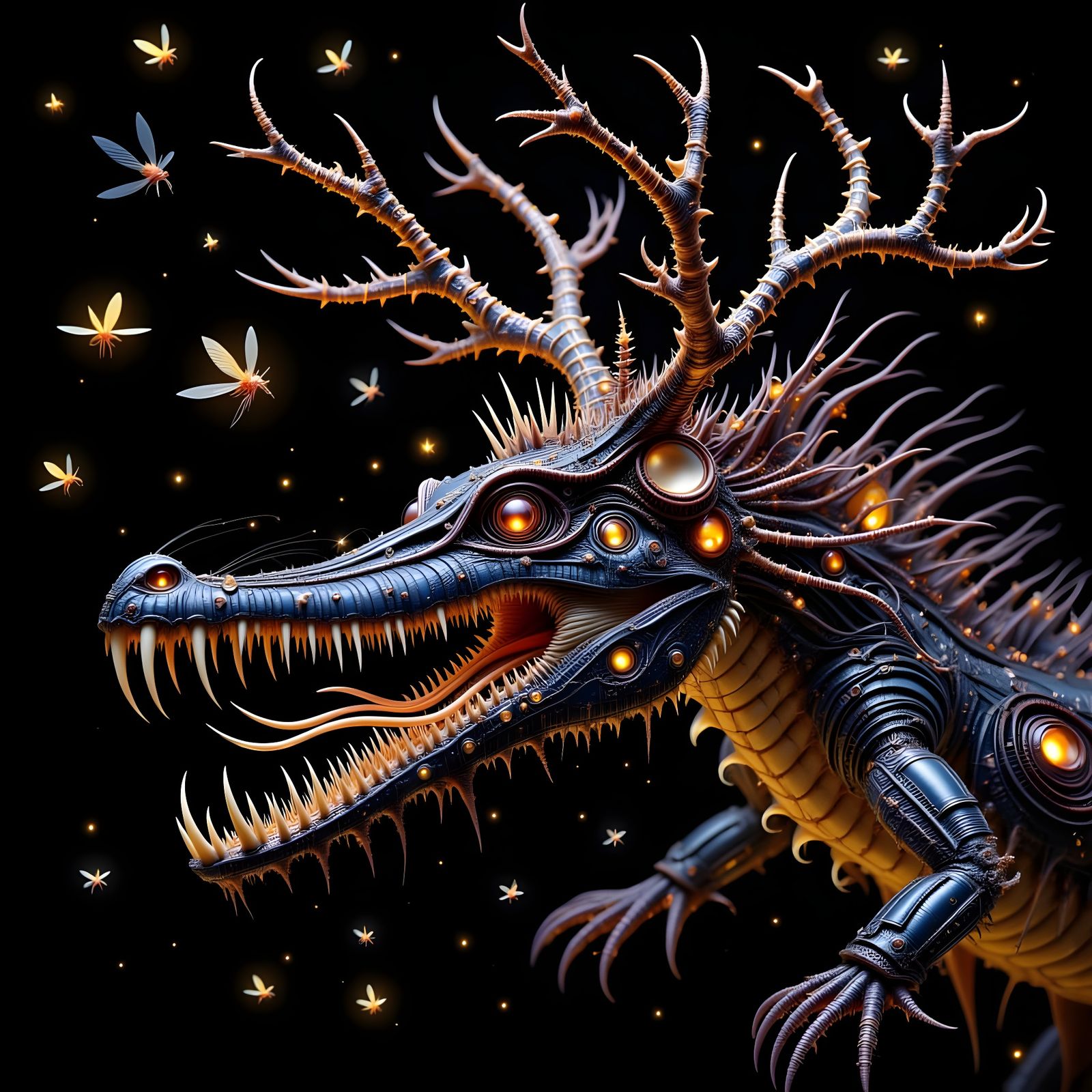 Glowing Steampunk Crocodile Monster Emerges from Dark Depths