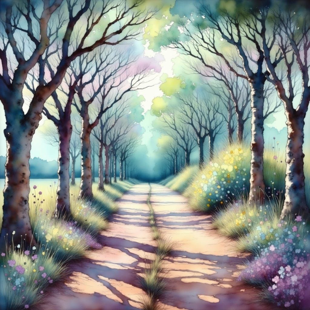 Surreal Landscape with Winding Path and Twisted Trees in Pas...