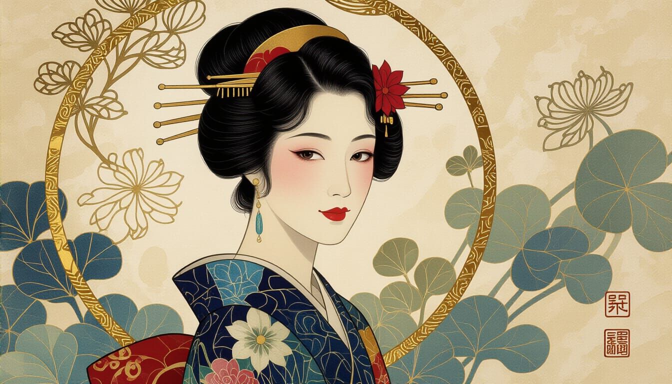 Elegant Woman Portrait in Iridescent Art Nouveau Style