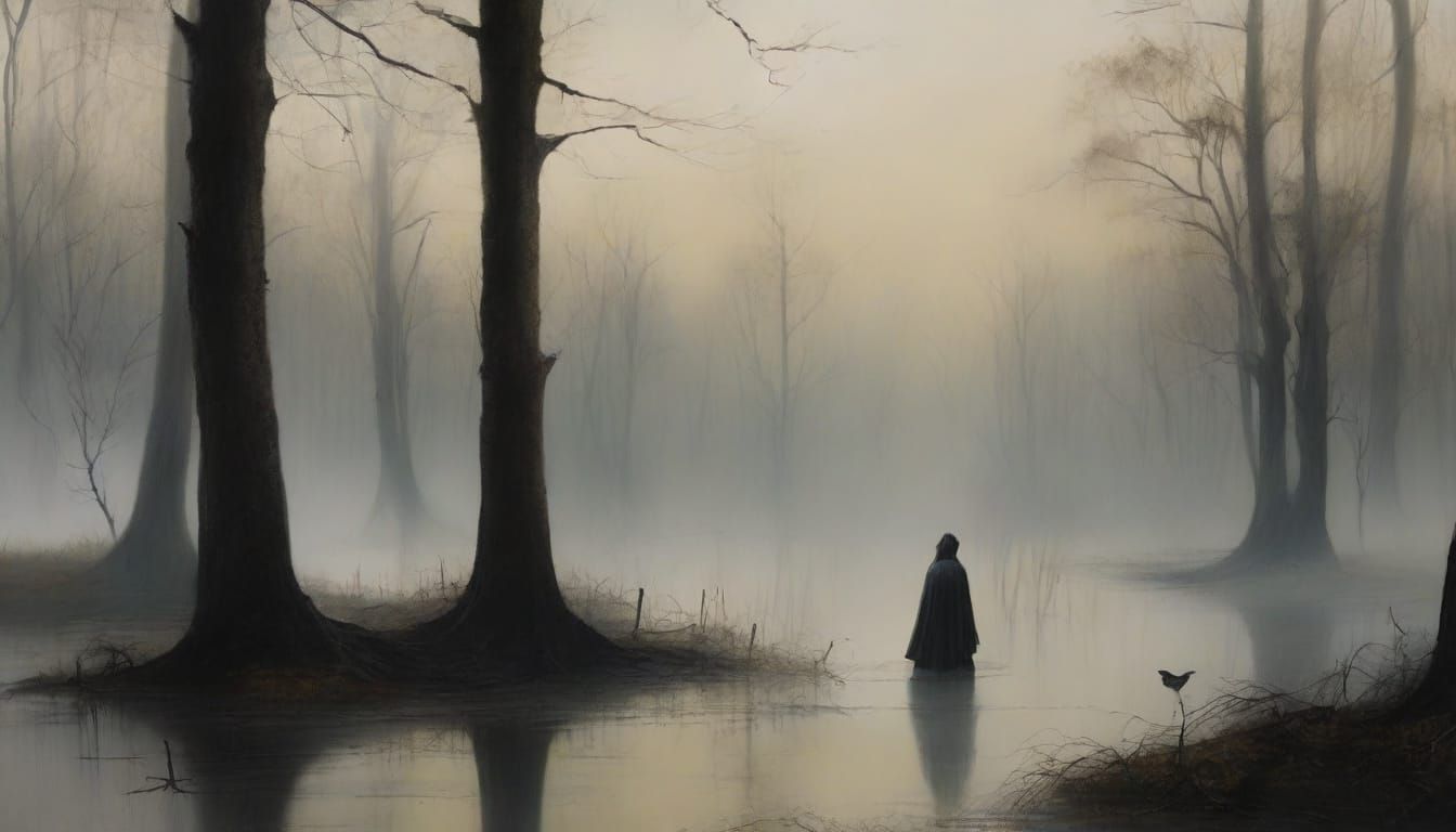 Atmospheric Swamp Oil Painting with Woman in Black