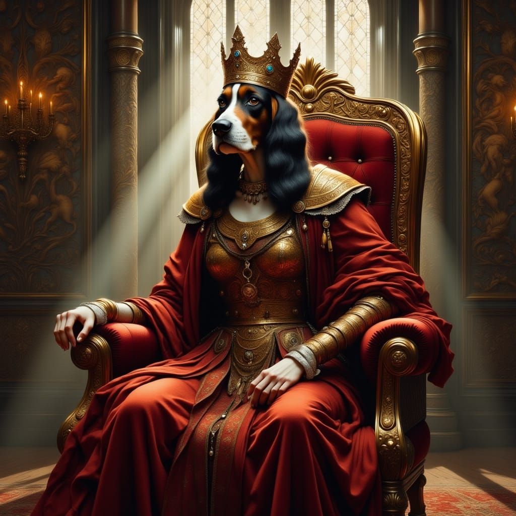 Basset Hound King on Velvet Throne in Medieval Hall