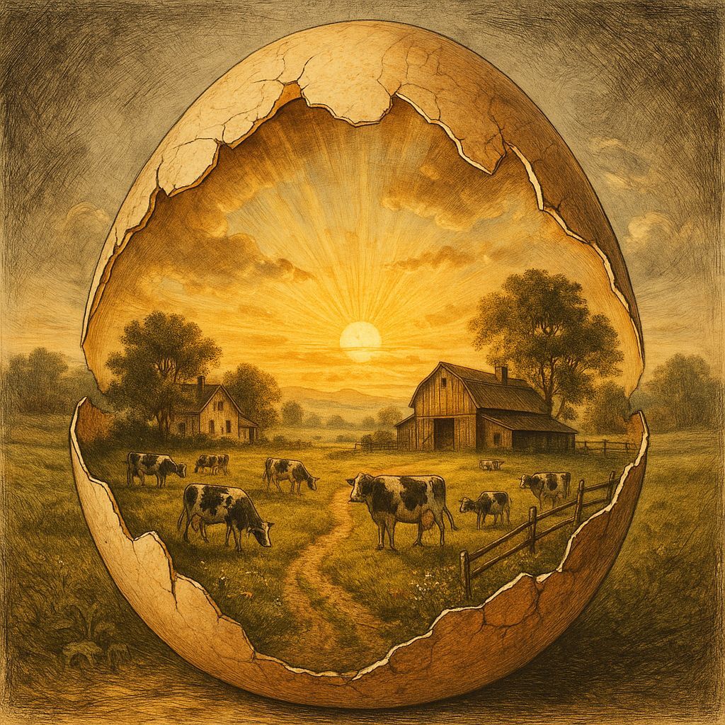 Cracked Egg Reveals Sunny Farm Landscape