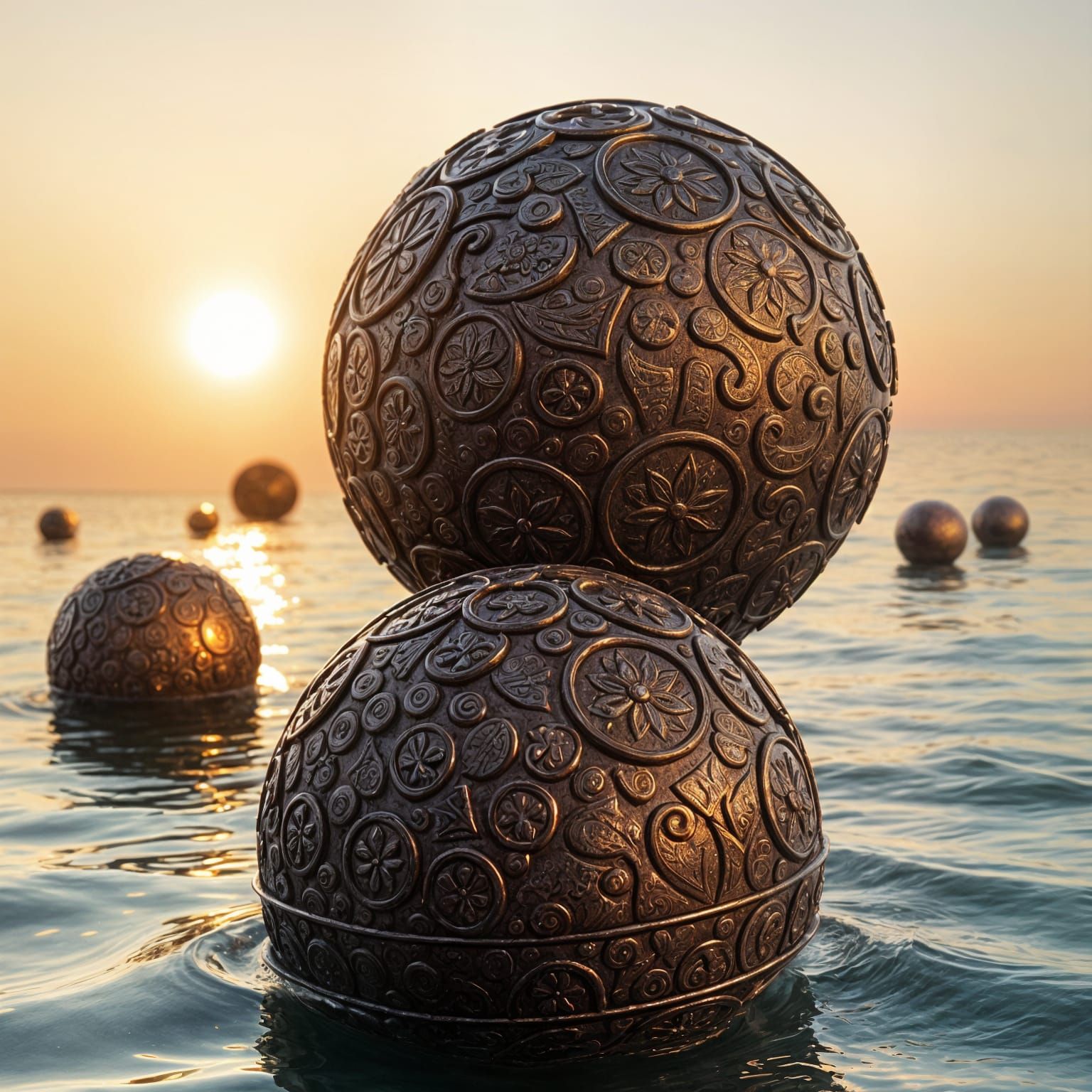 Ancient Metal Spheres Glow Warmly in the Sunset Sea